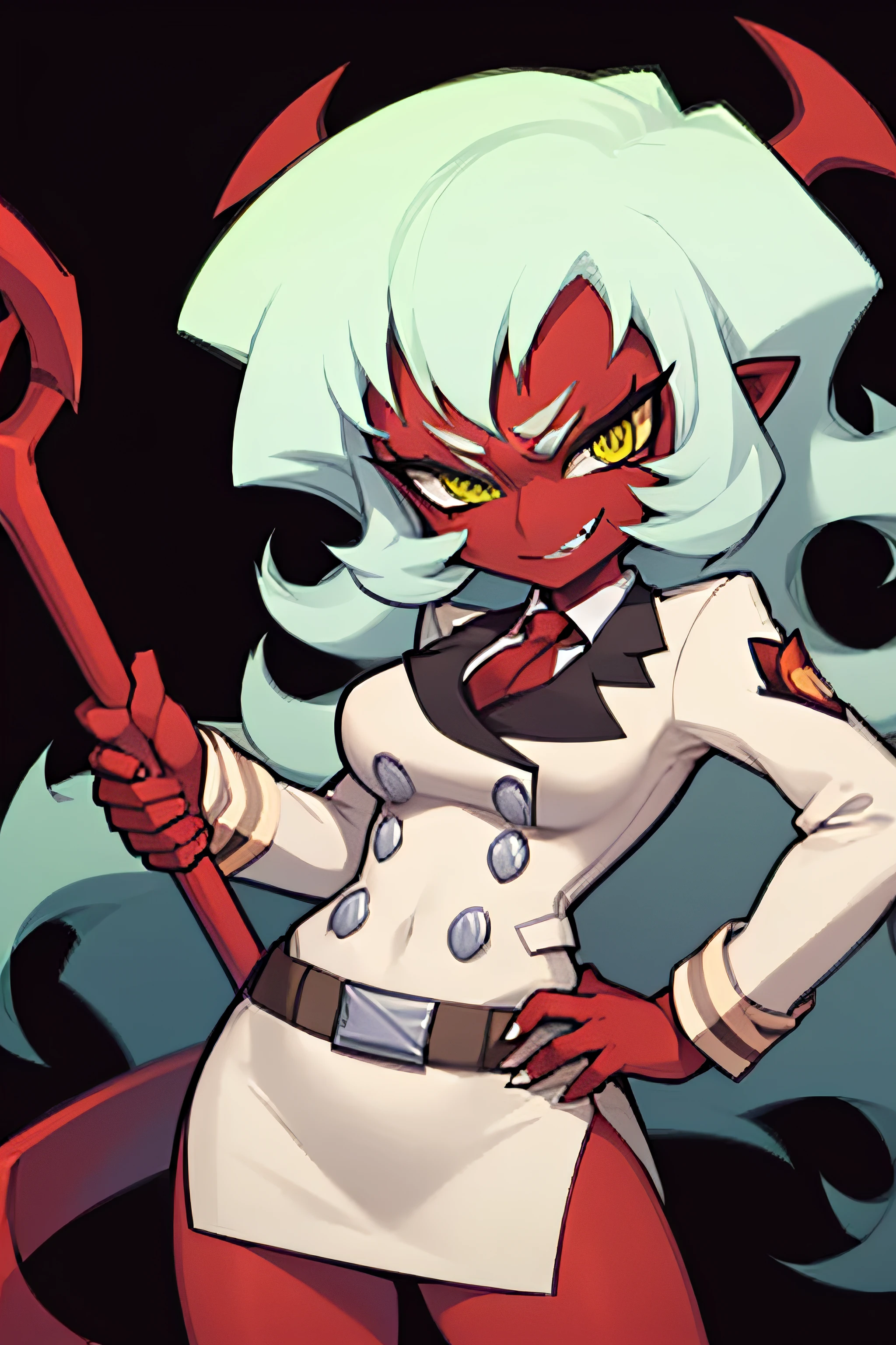 1girl, psgscanty, red skin, evil smile, looking at viewer, horns, v-shaped eyebrows, jacket, red necktie, skirt, nsfw, (((gangbang))), cum, cum in pussy, cum in ass, ((bukkake:1.4)), ((facial:1.4)), ((excessive cum)), cum on face, cum on hair, cum on clothes, cum on body,