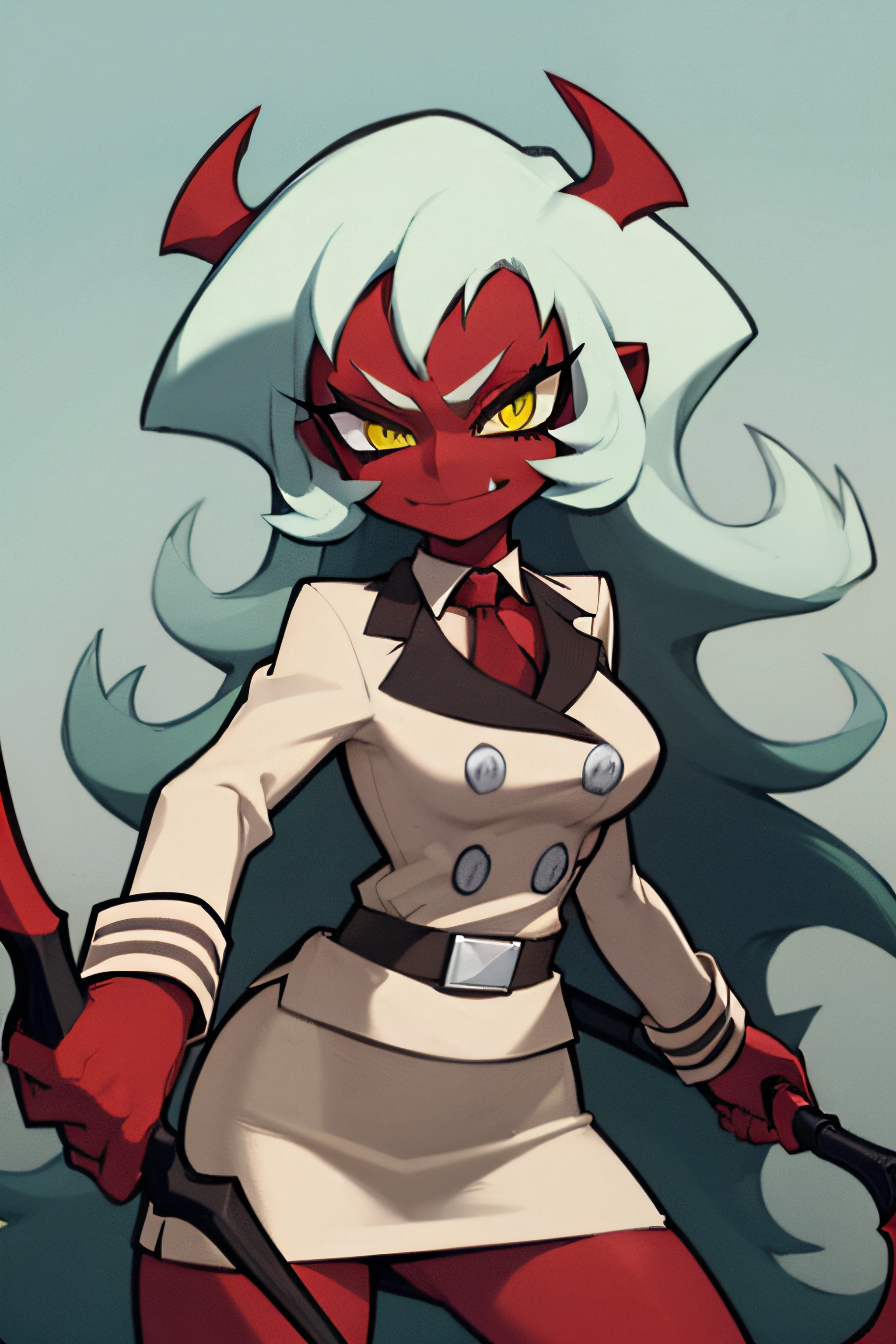 (masterpiece, best quality:1.2), solo, 1girl, psgscanty, (((red skin))), evil smile, looking at viewer, standing, confidence, arrogant, horns, v-shaped eyebrows, jacket, red necktie, skirt, skirt suit, belt, wide stance, dynamic pose, holding scythes,