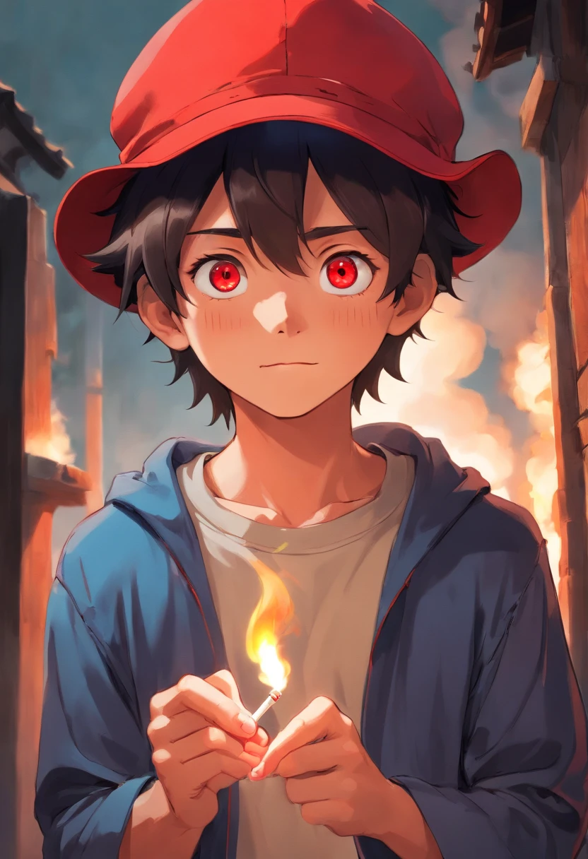 Realistic drawing of a boy in a red hat with red eyes, Cigarette in Your Teeth, Smoke, wide pants