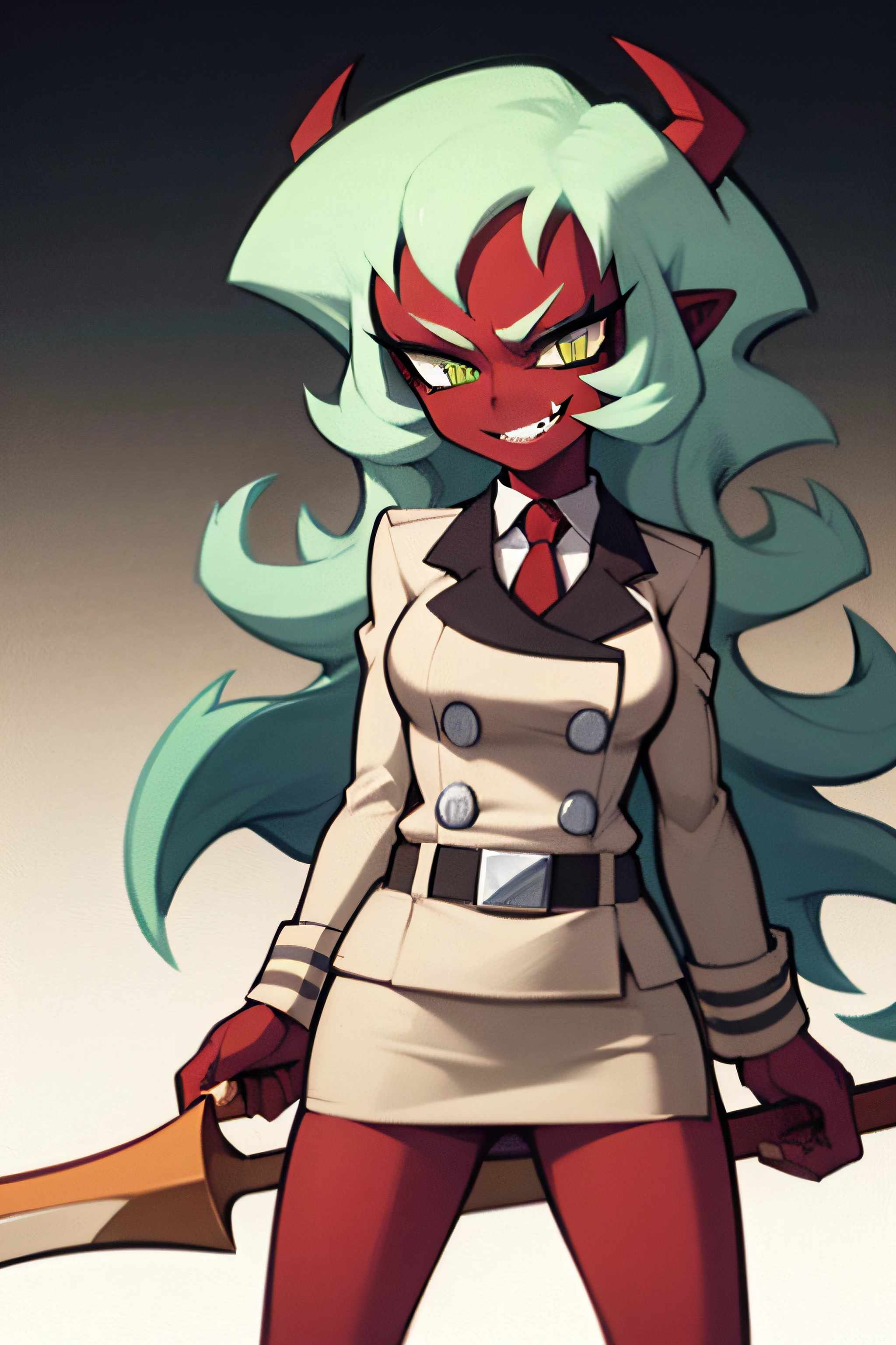 (masterpiece, best quality:1.2), solo, 1girl, psgscanty, (((red skin))), evil smile, looking at viewer, standing, confidence, arrogant, horns, v-shaped eyebrows, jacket, red necktie, skirt, skirt suit, belt, wide stance, dynamic pose, holding scythes,