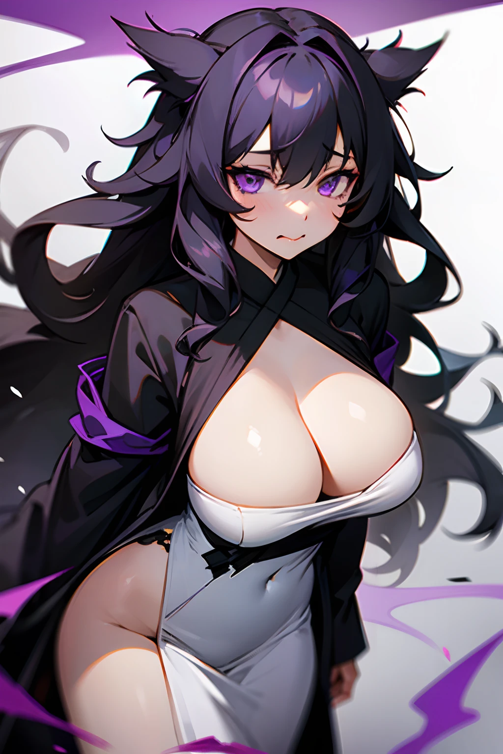 redraw, 1girl, black long messy hair, black robe, white dress, large breasts, purple eyes, shocked, ripped clothes, wavy mouth