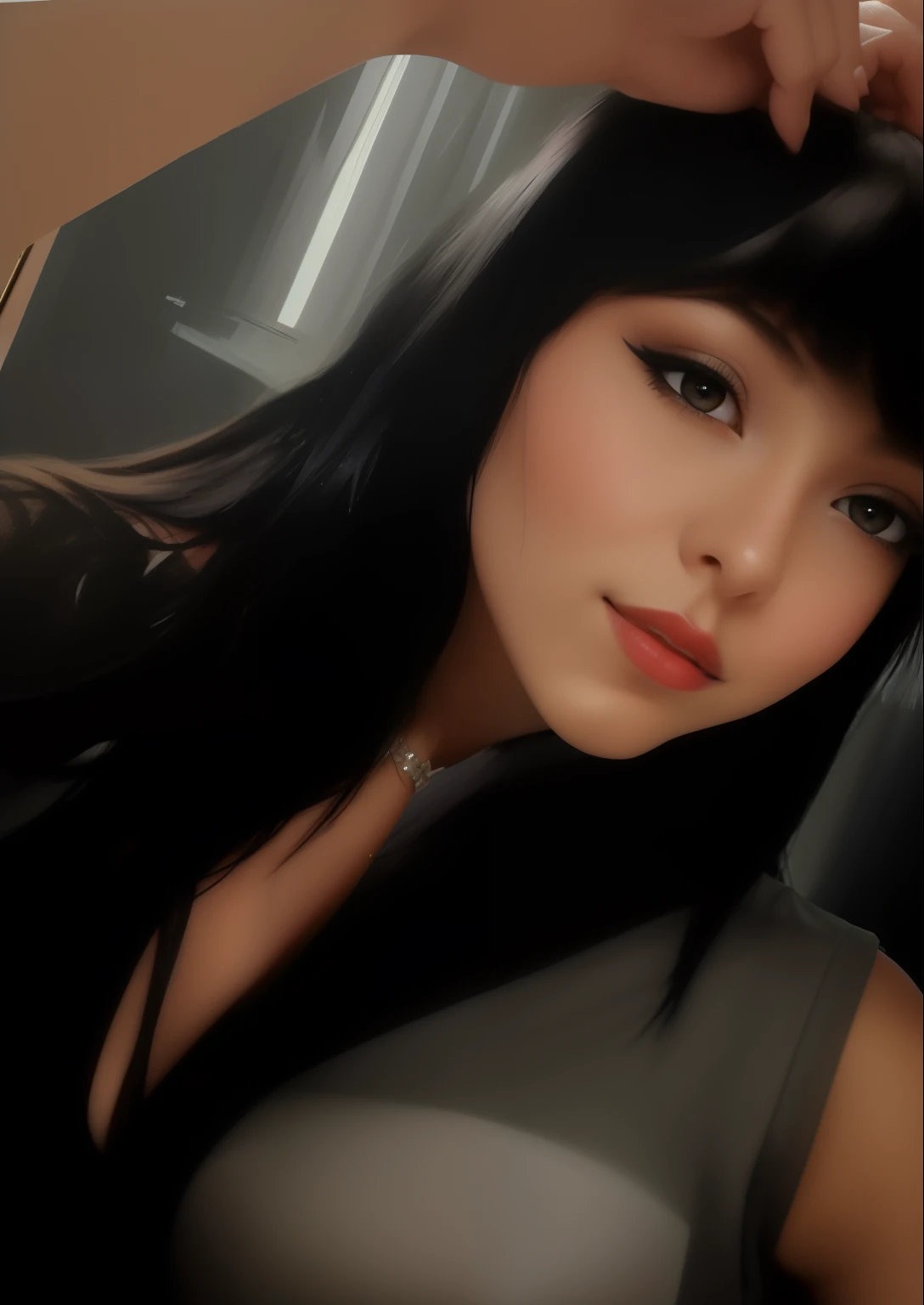 There is a woman, qualidade muito boa, female with long black hair, com cabelo preto liso, 21 anos, olhos grandes e pretos, bonitos, pele clara, pele branca, decote, nariz pequeno, boca pequena, illustration, 4k, HD, arte digital, Ultra alta qualidade, hiper fotorrealismo, fotorrealismo, foco nítido, Studio photo, detalhes intrincados, altamente detalhado