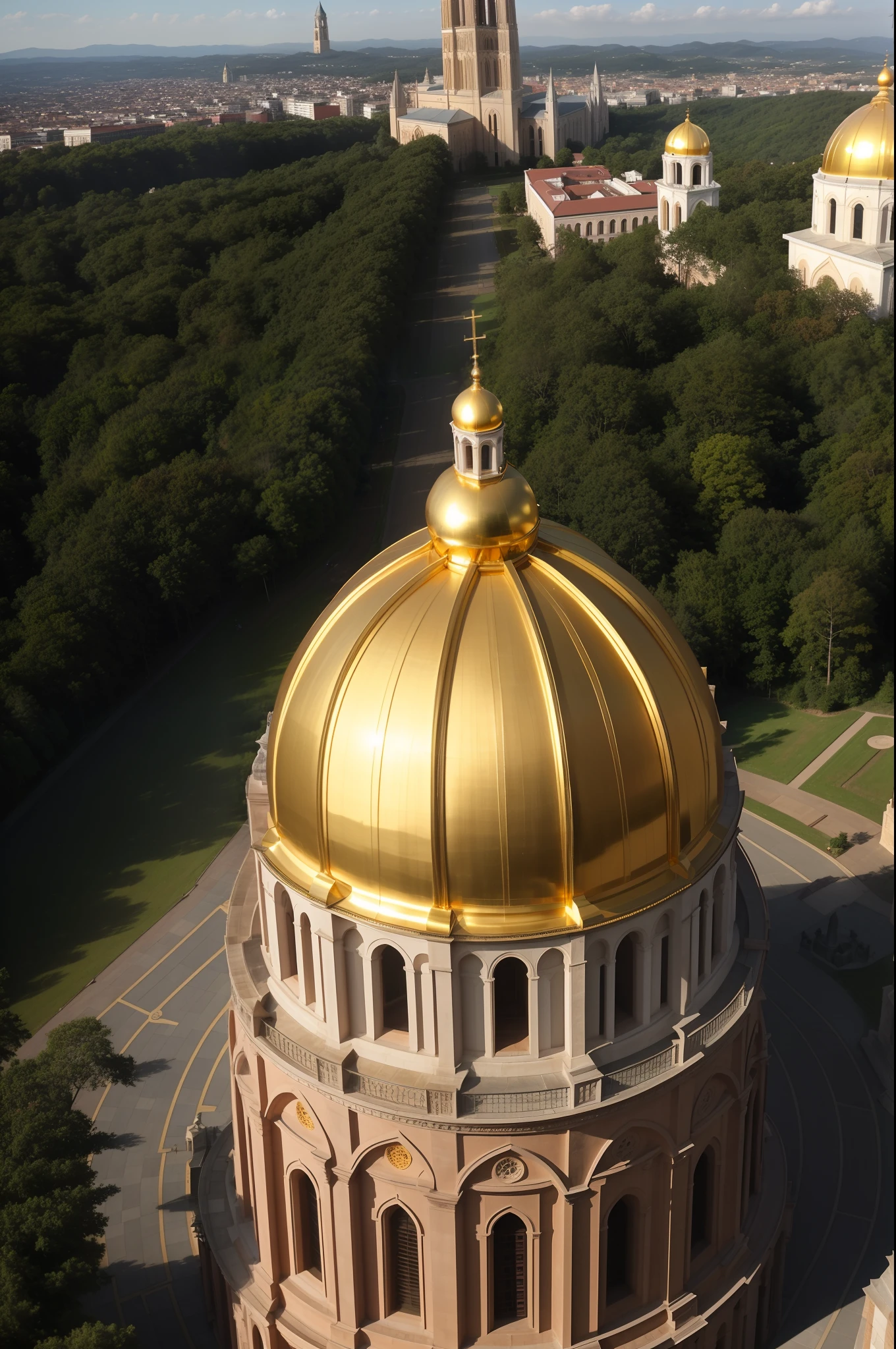 araffature of a large building with a golden dome and a steeple, a massive cathedral in a forrest, neoclassical tower with dome, cathedral, beautiful image, full - view, by Susan Heidi, monastery, cathedral!!!!!, seen from afar, holy place, photo shot, surrounding the city, monserrat gudiol, information, with beautiful mosques