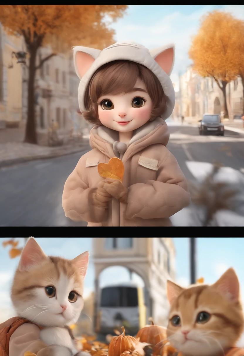 season for autumn、I have two little kittens, a cute little cat, cute kittens, Cutest, Incredibly cute, Adorable and cute, And cute and lovely. They are walking down the street with backpacks, Walking together, commute, Proudly walk down the street, And the cat is walking. They are cute in the style of 🍂 and 🍁, Adorable and cute, Cute and adorable, oh, nice and cute. They are known as real-life Tom and Jerry.Wear warm clothes、muffler、coat、a ski、skating、a ski、skating、a ski、skating