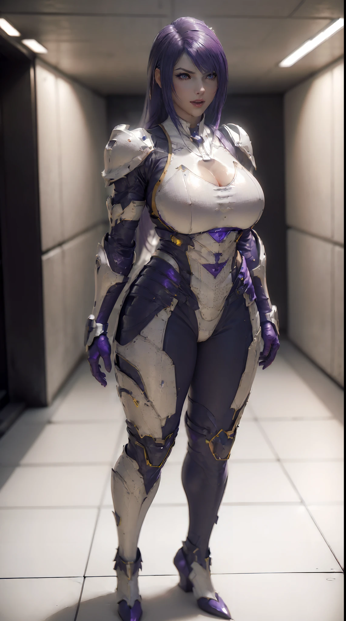 (1GIRL,SOLO:2), (super detailed face), ((BIG BUTTOCKS, HUGE FAKE BREASTS:1.5)), (CLEAVAGE TOP:1.5), (11 LINE ABS FEMALE:1.4), (MECHA GUARD ARM:1.4), ((WEAR PURPLE BLUE OVERWATCH MECHANICAL ARMOR SUIT, BLACK MECHANICAL SKINTIGHT SUIT PANTS, MECHA GUARD ARMOR LEGS, HIGH HEELS:1.5)), (LEWD VOLUPTUOUS BODY:1.3), (GLOWING SKIN:0.8), (LONG LEGS, FULL BODY:1.1), (LOOKING AT VIEWER:1.3), (female focus:0.886), (WALKING DOWN HALLWAY OF FUTURISTIC SPACE STATION:1), (BRIGHT LIGHT WHITEROOM:1.3), SUPER TEXTURE, UNREAL ENGINE RENDER, PHYSICALLY-BASED RENDERING, ULTRA HIGHT DEFINITION, 16K, 1080P.