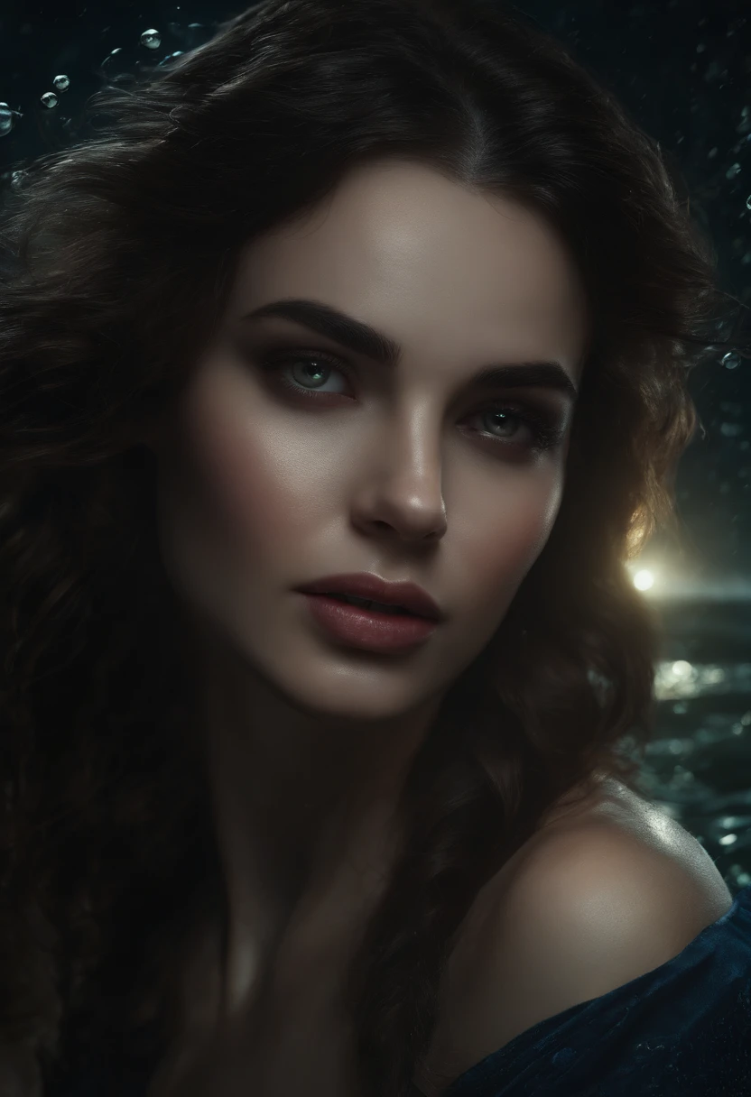 siren girl, fish looking, beautiful, evil,wet dark wavy hair,dark eyes,eerie,dark atmosphere,light particles,wallpaper art,UHD wallpaper,(best quality,4k,8k,highres,masterpiece:1.2),ultra-detailed,(realistic,photorealistic,photo-realistic:1.37),portrai,sci-fi, dark lighting