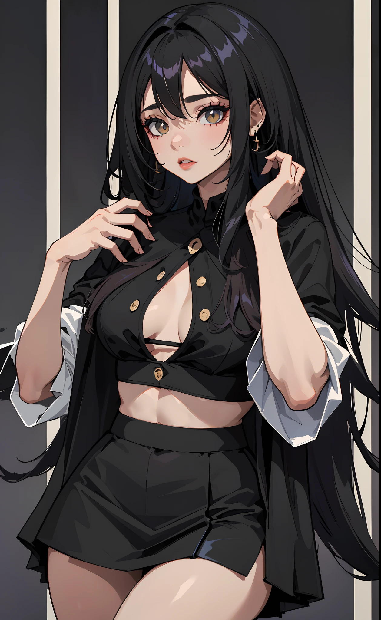 Beautiful girl, cabelo preto com franja, olhos negros, pele branca, camisa preta com decote baixo, black skirt, corpo inteiro, 4k, Corpo Perfeito