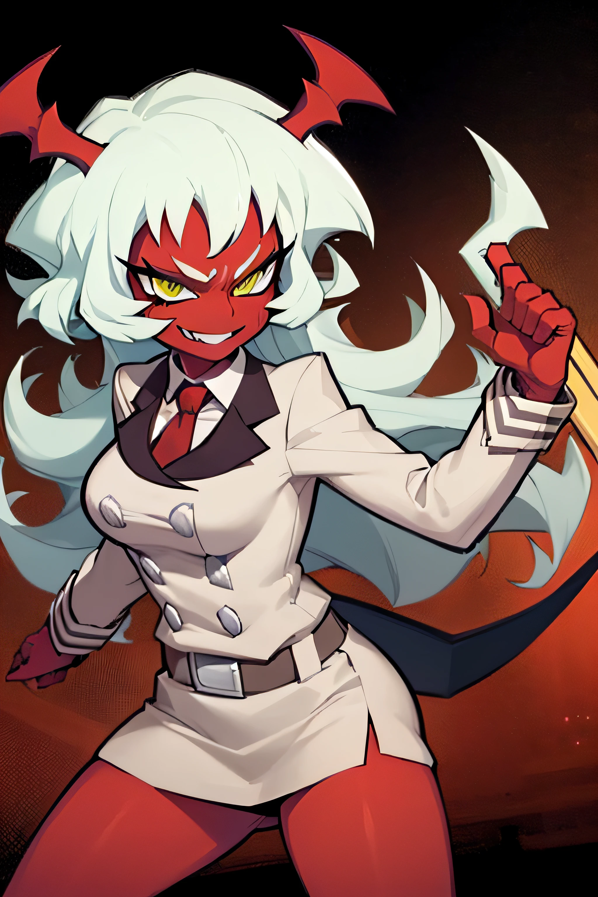 (masterpiece, best quality:1.2), solo, 1girl, psgscanty, (((red skin))), evil smile, looking at viewer, standing, confidence, arrogant, horns, v-shaped eyebrows, jacket, red necktie, skirt, skirt suit, belt, wide stance, dynamic pose, holding scythes, combat, combat stance, in battle,