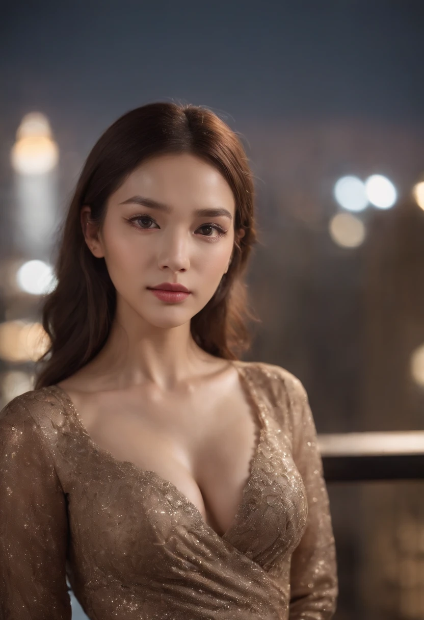 Best quality, 8K, Masterpiece :1.3)), Whole body, Sharp focus :1.2, Pretty Women with Perfect Figure :1.4, Slender abs :1.2, ((Dark brown hair, Big breasts :1.2)), Body dress :1.1, (night cityscape, Modern Balcony :1.1), Highly detailed face and skin texture, Detailed eyes, 二重まぶた, , Exposed cleavage,