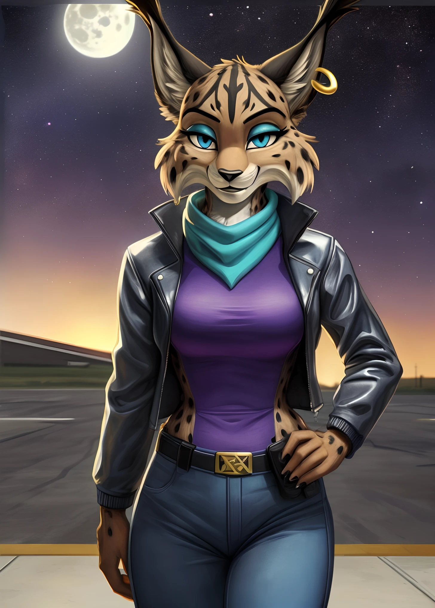 [MiyuCzar], [Starfox 2], [Uploaded to e621.net; (mayosplash), (Pixelsketcher), (wamudraws)], [Uploaded to twitter.com; (@senip)], ((masterpiece)), ((HD)), ((high quality)), ((solo portrait)) ((front view)), ((furry; anthro lynx)), ((detailed fur)), ((detailed shading)), ((beautiful render art)), ((cel shading)), {(female anthro lynx), (slim figure), (brown fur black stripes, black nose, (long pointed lynx ears), (gold earring on LEFT ear), (dark blue eyes), (half-closed eyes), (indigo eyeshadow), (smug grin)}, {(silver leather jacket), (turquoise scarf), (purple shirt), (tight purple pants), (utility belt with gold triangle belt buckle), (grey combat boots)}, {(standing on concrete), (hand on head)}, [background; (air force base), (jet runway), (starry sky), (full moon)]