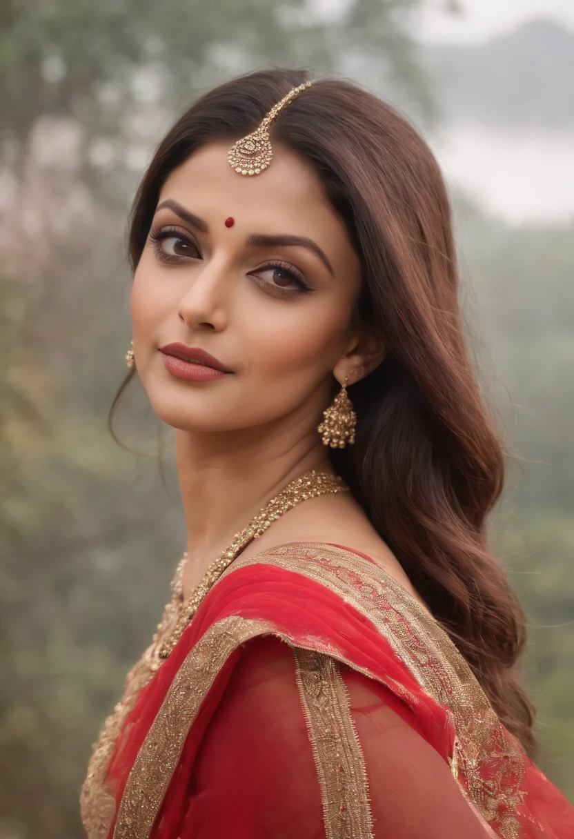 A cross between Aishwarya Rai Bachchan and Mila Kunis. Age 23, Fair indian skin, 36dd silicone boobs, dress size 4. Full body view. Wearing a red and gold sari , dancing in the rain, low angle, breathtaking beauty, vibrant, cinematic, 8k, clear realistic eyes, fog background