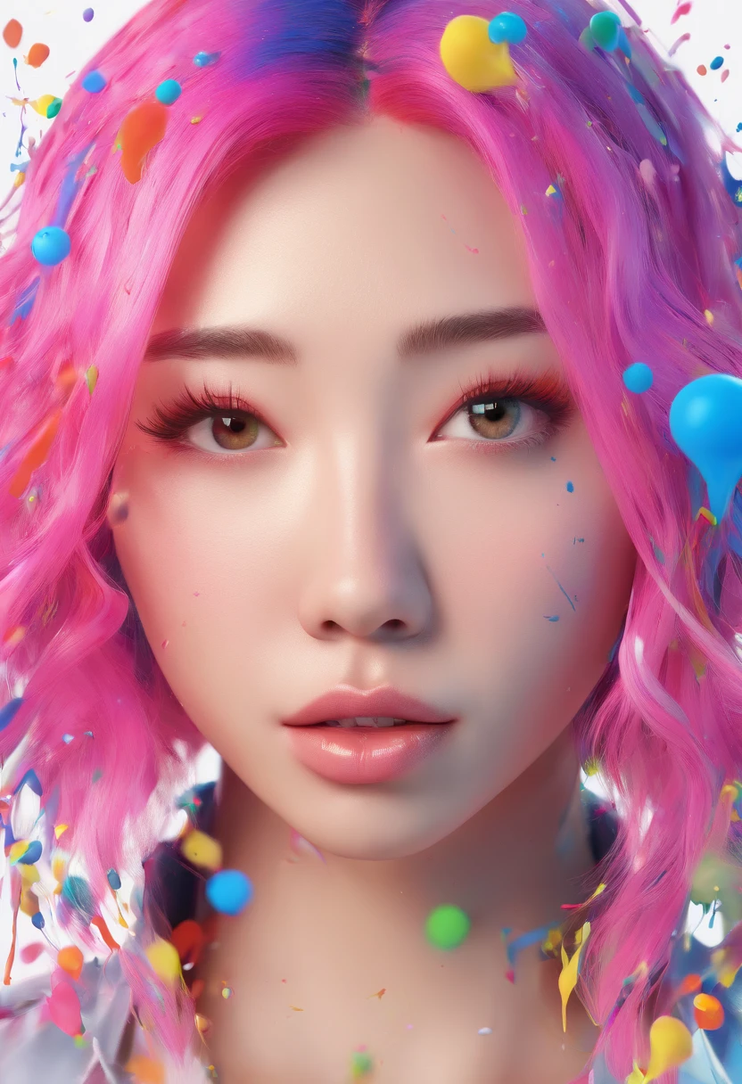 (Masterpiece, Best Quality, High Resolution), White Background, ((Paint Splash, Color Splash, Splash of Ink, Color Splash)), Sweet Chinese Girl, Rainbow Hair, Pink Lips, Front, Upper Body