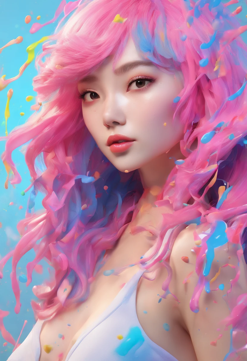 (Masterpiece, Best Quality, High Resolution), White Background, ((Paint Splash, Color Splash, Splash of Ink, Color Splash)), Sweet Chinese Girl, Rainbow Hair, Pink Lips, Front, Upper Body