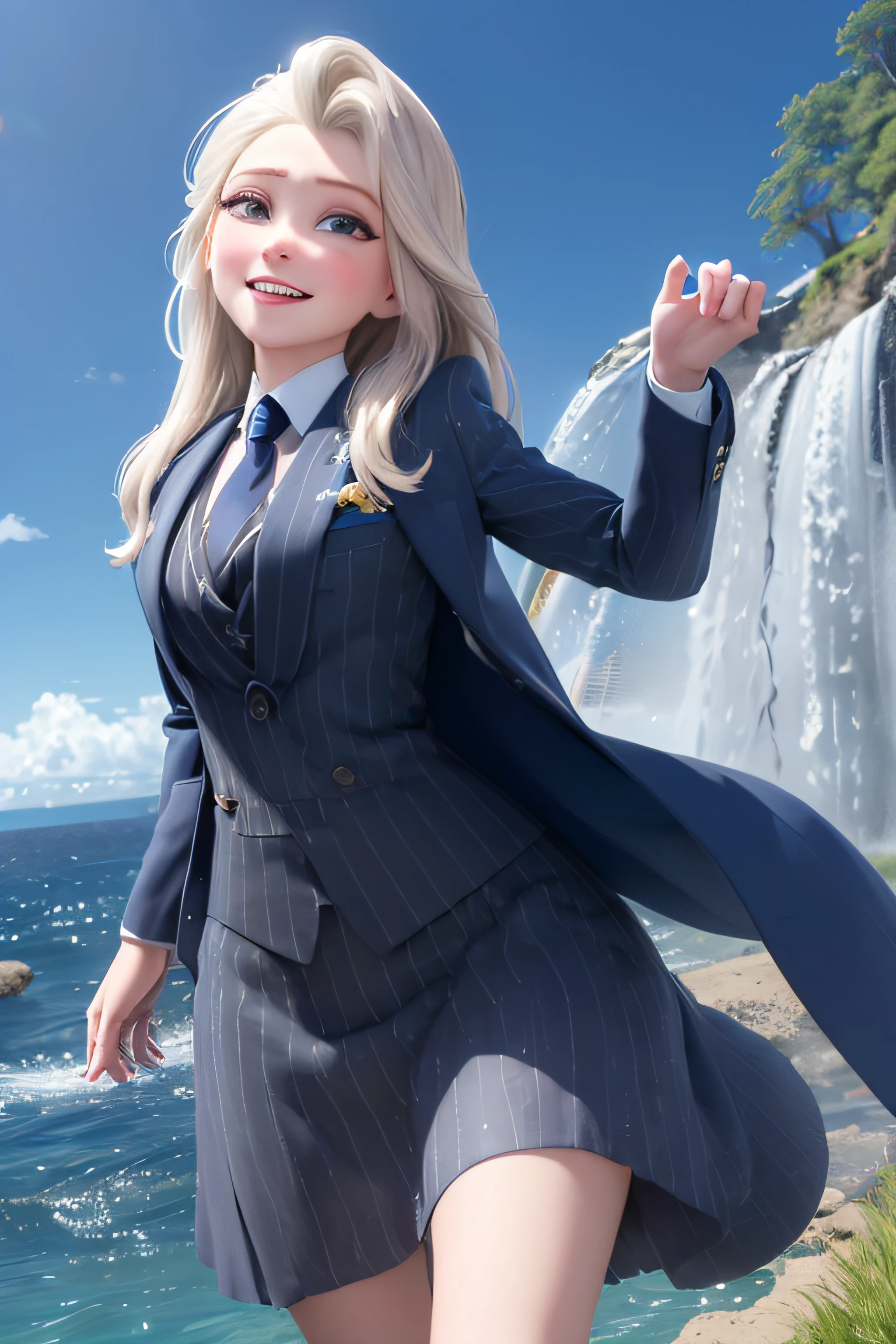 (masterpiece:1.4), (best qualit:1.4), (high resolution:1.4), elsa of arendelle, long hair, (((navy pinstripe skirt suit))), (((three-piece suit))), (((necktie))), (((dress shirt))), (((blazer))), (((suit jacket))), (((waistcoat))), double-breasted waistcoat, (((bodycon miniskirt))), pencil skirt, tie clip, pocket watch, pocket square, cufflinks,outdoors, (ocean, shore, waterfall,  authumn:1.3), smile,