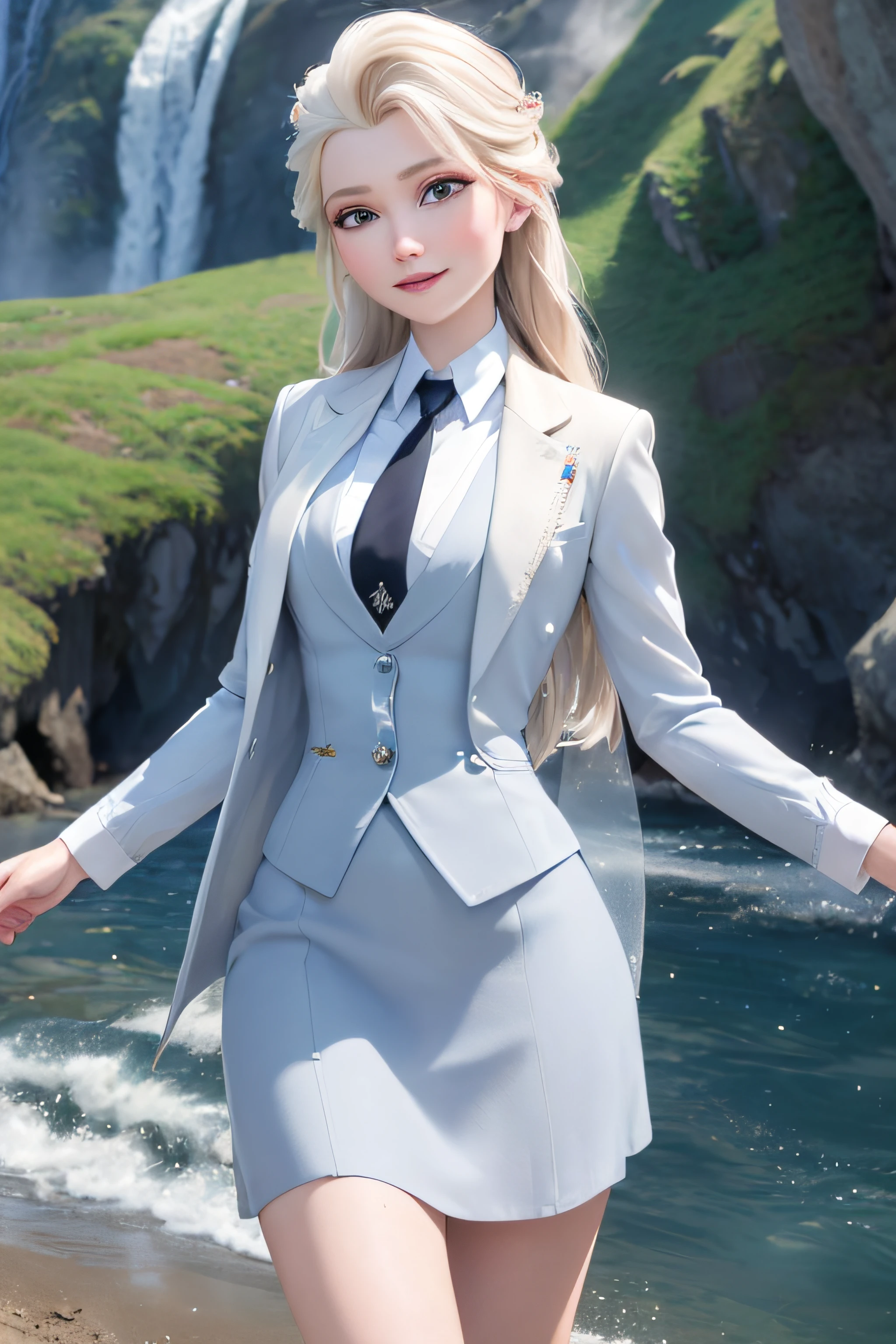 (masterpiece:1.4), (best qualit:1.4), (high resolution:1.4), elsa of arendelle, long hair, (((skirt suit))), (((three-piece suit))), (((necktie))), (((dress shirt))), (((blazer))), (((suit jacket))), (((waistcoat))), double-breasted waistcoat, (((bodycon miniskirt))), pencil skirt, tie clip, pocket watch, pocket square, cufflinks,outdoors, (ocean, shore, waterfall, authumn:1.3), smile,