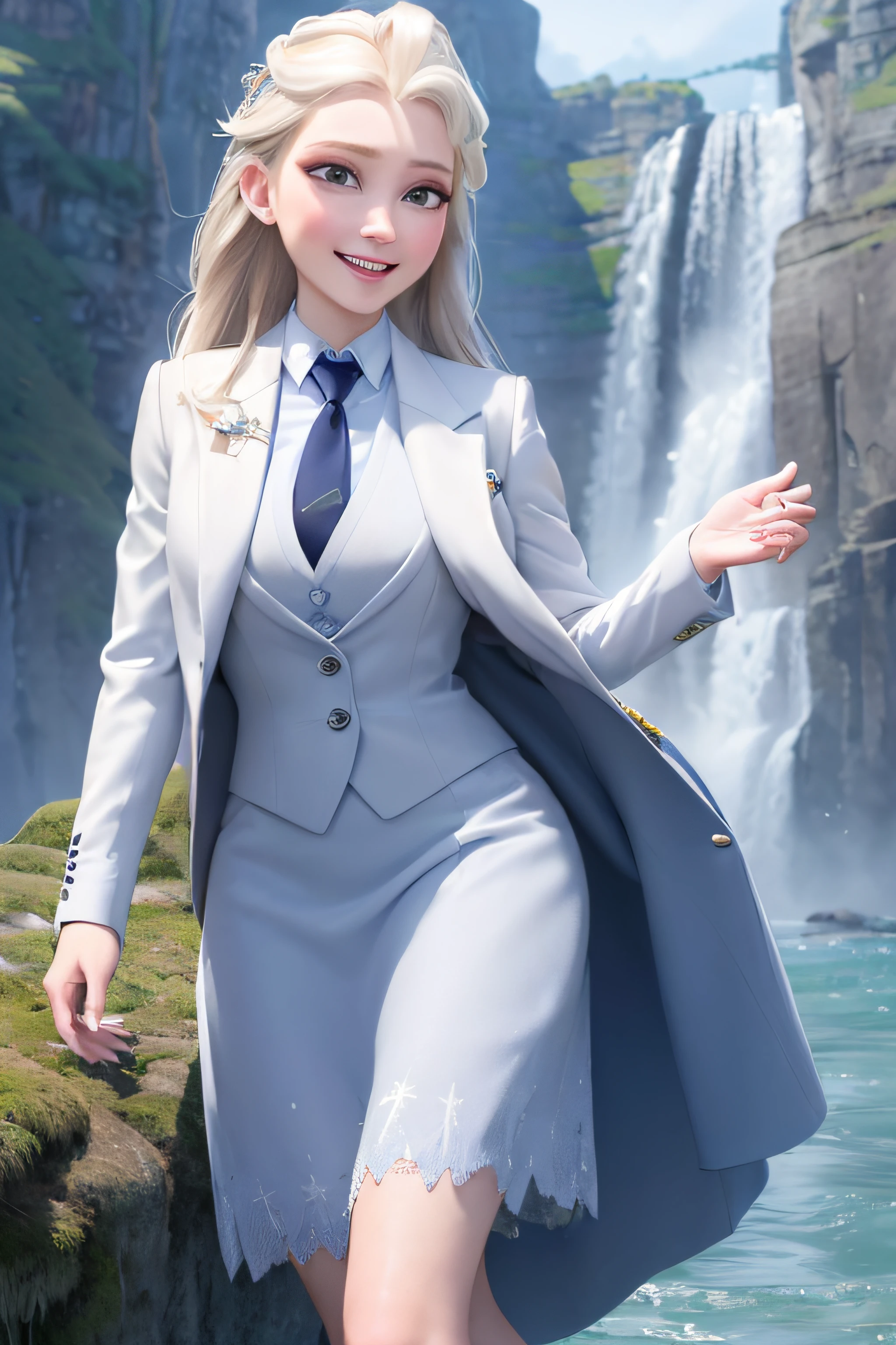 (masterpiece:1.4), (best qualit:1.4), (high resolution:1.4), elsa of arendelle, long hair, (((skirt suit))), (((three-piece suit))), (((necktie))), (((dress shirt))), (((blazer))), (((suit jacket))), (((waistcoat))), double-breasted waistcoat, (((bodycon miniskirt))), pencil skirt, tie clip, pocket watch, pocket square, cufflinks,outdoors, (ocean, shore, waterfall,  authumn:1.3), smile,