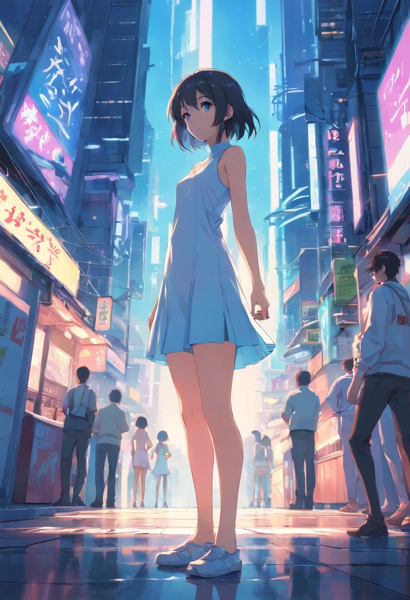 Slender young girl in full height in short dress, is looking at the camera, Against the backdrop of a cyberpunk city, white short dress, naked legs, brightness, Masterpiece, Best Quality, 1girl, hiquality, Ultra Detailed, ((Real image)), ((lifelike skin)), ((realistic face)),(illustartion:1.05), (Beautiful:1.05), (beautiful detail eyes:1.05), (cinematiclight:1.1), blue color on squads,  Form-fitting silhouette, Slim, small breasts, white clothing. Faraway view. full-length photo、