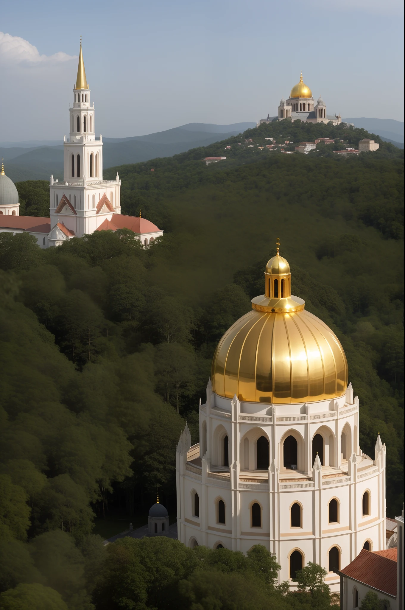 araffature of a large building with a golden dome and a steeple, a massive cathedral in a forrest, neoclassical tower with dome, cathedral, beautiful image, full - view, by Susan Heidi, monastery, cathedral!!!!!, seen from afar, holy place, photo shot, surrounding the city, monserrat gudiol, information, with beautiful mosques
