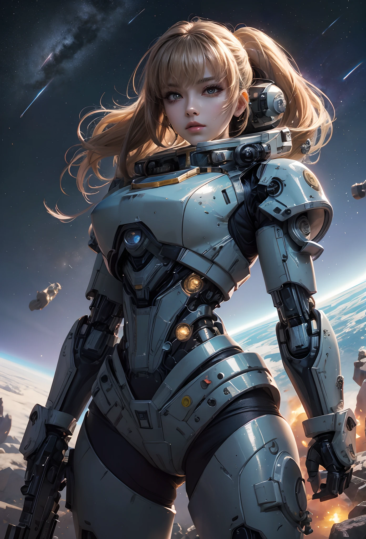 (Detailed illustrations,Very detailed and detailed drawing,Delicate lines with slow and rapid,Realistic texture expression),[Color tressed main line],(Space Battlefield [Space Mobile Fortress]),[独奏],HENTAI (((ANIME) BIONICGirl) Beauty 15 years old ((well-muscled) [plump])) (Astronauts Cyborg) [Space Marine Corps Military [MASCHINEBODY]],Bullet Belt Javelin [[Firearms, Machine Guns, Bazookas] Saber Rifle ][[Rocket Pack]],Zero Gravity Front,gravure [[White Devil] [Outer space combat]] Battle Damage,[retro-futuristic],(Intricate and beautiful decoration [Dense detail]),(Fine and beautiful skin expression [Transparency]),[Perfect eye details (Iris beautifully drawn in every detail)[Jewel-like eyes]],[long and beautiful eyelashes],[Meticulously drawn hair [More on beautiful and shiny hair]],(Perfect hand details [Beautiful fingers without breakdowns [Beautiful nails]]),(Perfect Anatomy (Perfectly proportioned)) [[Full body like]],[[Design built to the highest level]][Ideal color coordination(Accurate simulation of light-material interactions)],(HighQuality,[Precision Detail] hight resolution,(detaileds,high-detail)),[Visual art that conveys a sense of narrative].