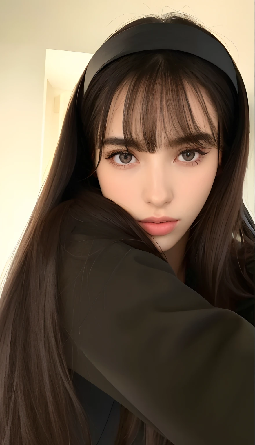 A closeup of a woman with long hair wearing a headband, Ela tem cabelo preto com franja, 18 anos, Lalisa Manobal, cabelos pretos e olhos grandes, com franja, imagem de perfil, com cabelos longos e olhos penetrantes, Dua Lipa, cabelos castanhos e franja, foto de perfil, foto do perfil, Anastasia Ovchinnikova