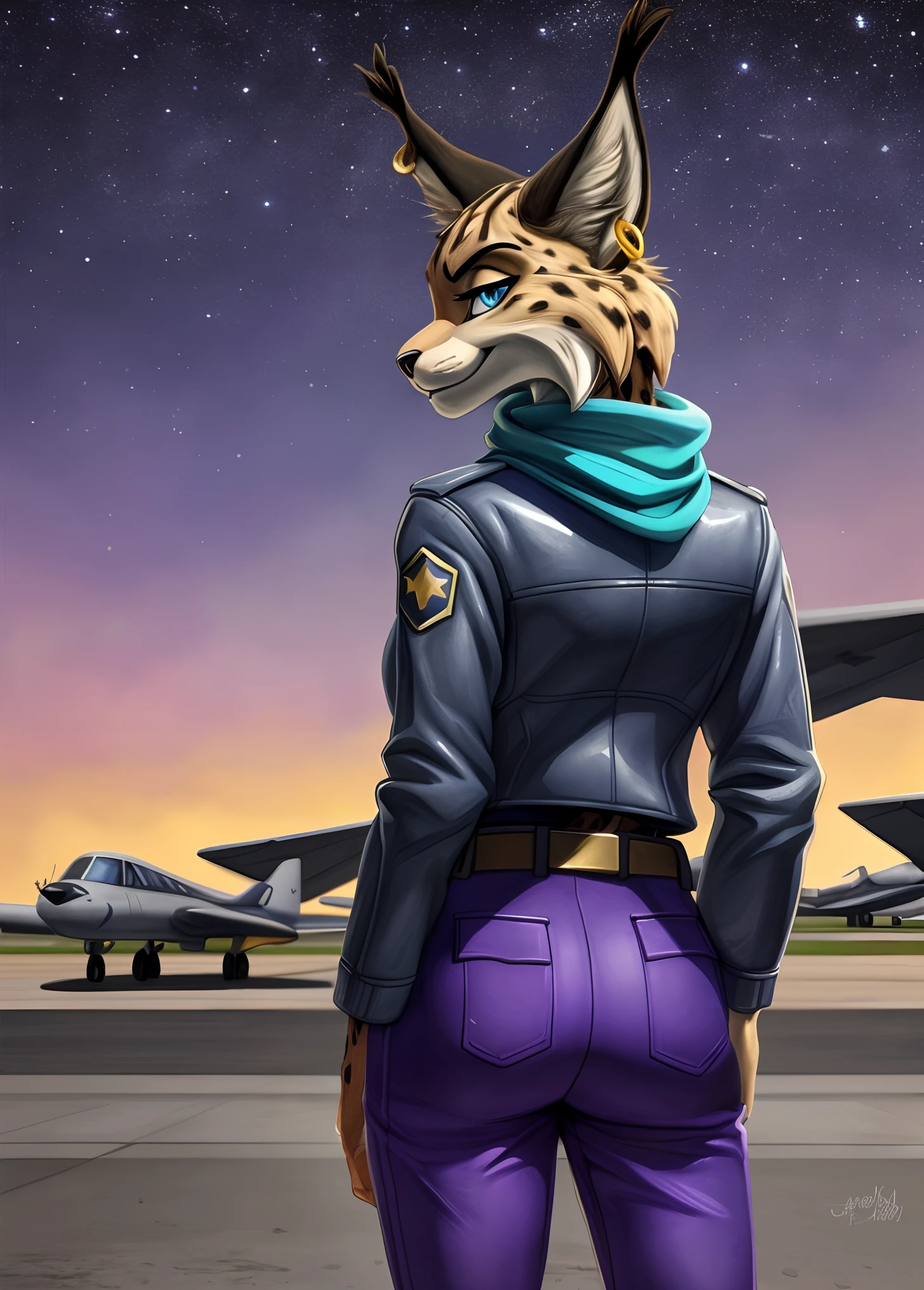 [MiyuCzar], [Starfox 2], [Uploaded to e621.net; (mayosplash), (Pixelsketcher), (wamudraws)], [Uploaded to twitter.com; (@senip)], ((masterpiece)), ((HD)), ((high quality)), ((solo portrait)) ((back view)), ((furry; anthro lynx)), ((detailed fur)), ((detailed shading)), ((beautiful render art)), ((cel shading)), {(female anthro lynx), (slim figure), (brown fur black stripes, black nose, (long pointed lynx ears), (gold earring on LEFT ear), (dark blue eyes), (half-closed eyes), (indigo eyeshadow), (smug grin)}, {(silver leather jacket), (turquoise scarf), (purple shirt), (tight purple pants), (utility belt with gold triangle belt buckle), (grey combat boots)}, {(standing on concrete), (arms at side), (looking back)}, [background; (air force base), (jet runway), (starry sky), (full moon)]