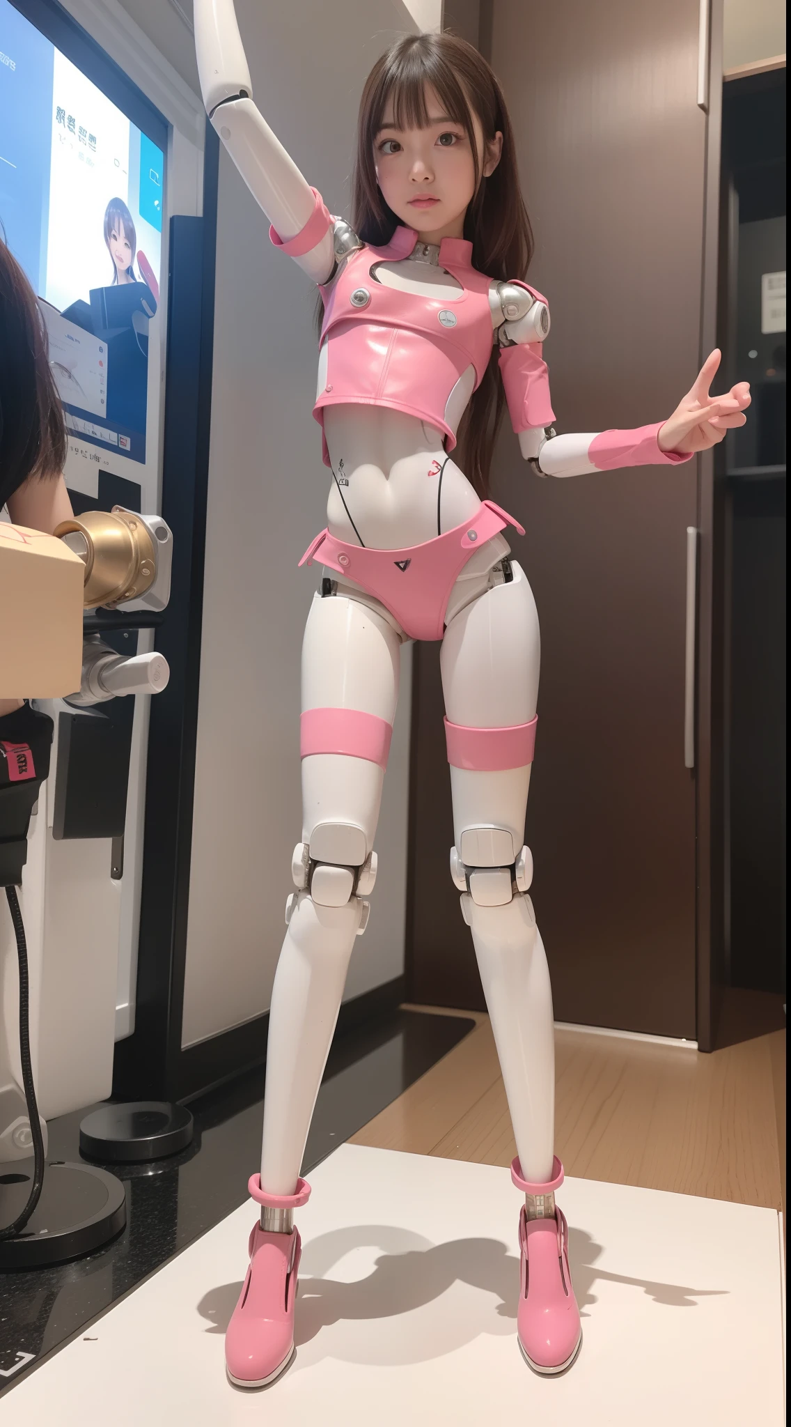 robot girl, pink there, Silver, metallic, Robot Parts, Metal Parts, Super Detailed Face, Super well-formed face, of the highest quality, a small face, a small head, Full body, Brown hair, Slender body, Camera gaze, Internal Mechanical Exposure, Idol, Well-proportioned body, gravure, Photo session, Akihabara, Moe Pose, front facing, Standing with legs open, Banzai pose with open arms, Model body type, sad, Embarrassing, Perfect Robot Girl, Perfect machine body