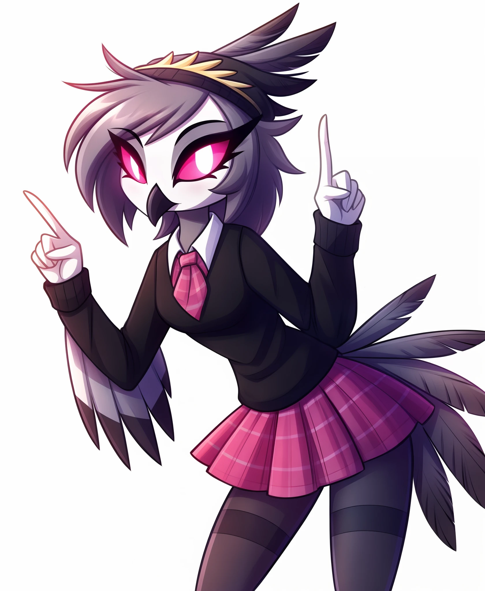 (Octavia:0.8), avian bird owl owl_demon anthro bottomwear clothing feathers female gesture grey_body grey_feathers headgear pink_eyes simple_background skirt solo v_sign white_background pantyhose