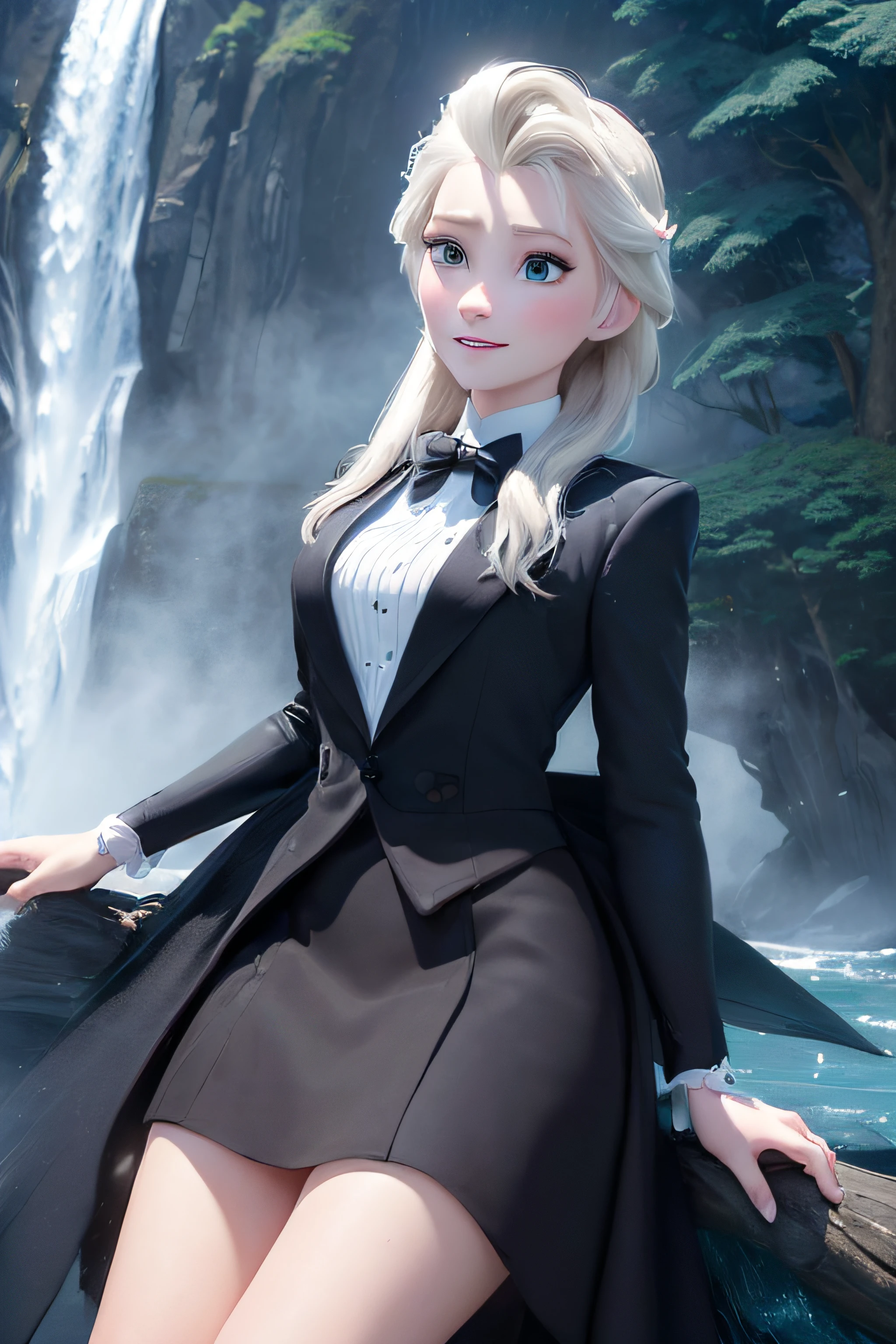 (masterpiece:1.4), (best qualit:1.4), (high resolution:1.4), elsa of arendelle, long hair, black skirt suit, tuxedo, black blazer, dinner jacket, black bowtie, miniskirt, cummerbund, white gloves, pocket square, outdoors, (ocean, shore, waterfall, authumn:1.3), smile,