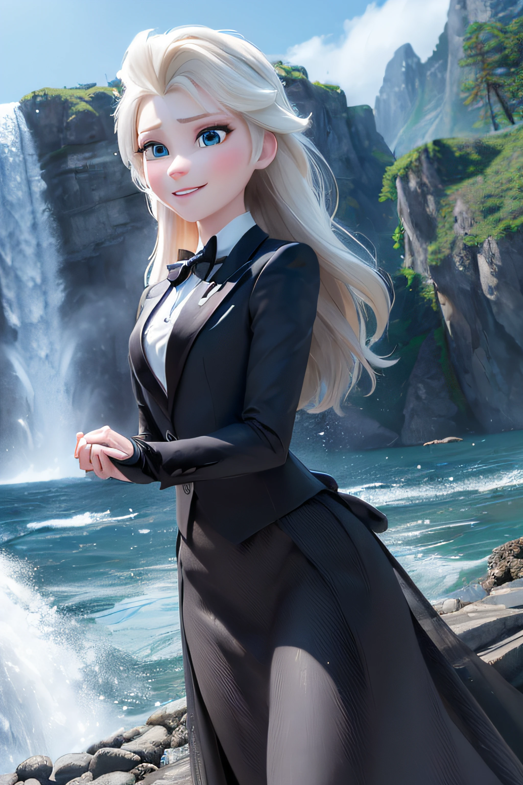 (masterpiece:1.4), (best qualit:1.4), (high resolution:1.4), elsa of arendelle, long hair,  black skirt suit, tuxedo, black blazer, dinner jacket, black bowtie, miniskirt, cummerbund, white gloves, pocket square, outdoors, (ocean, shore, waterfall,  authumn:1.3), smile,