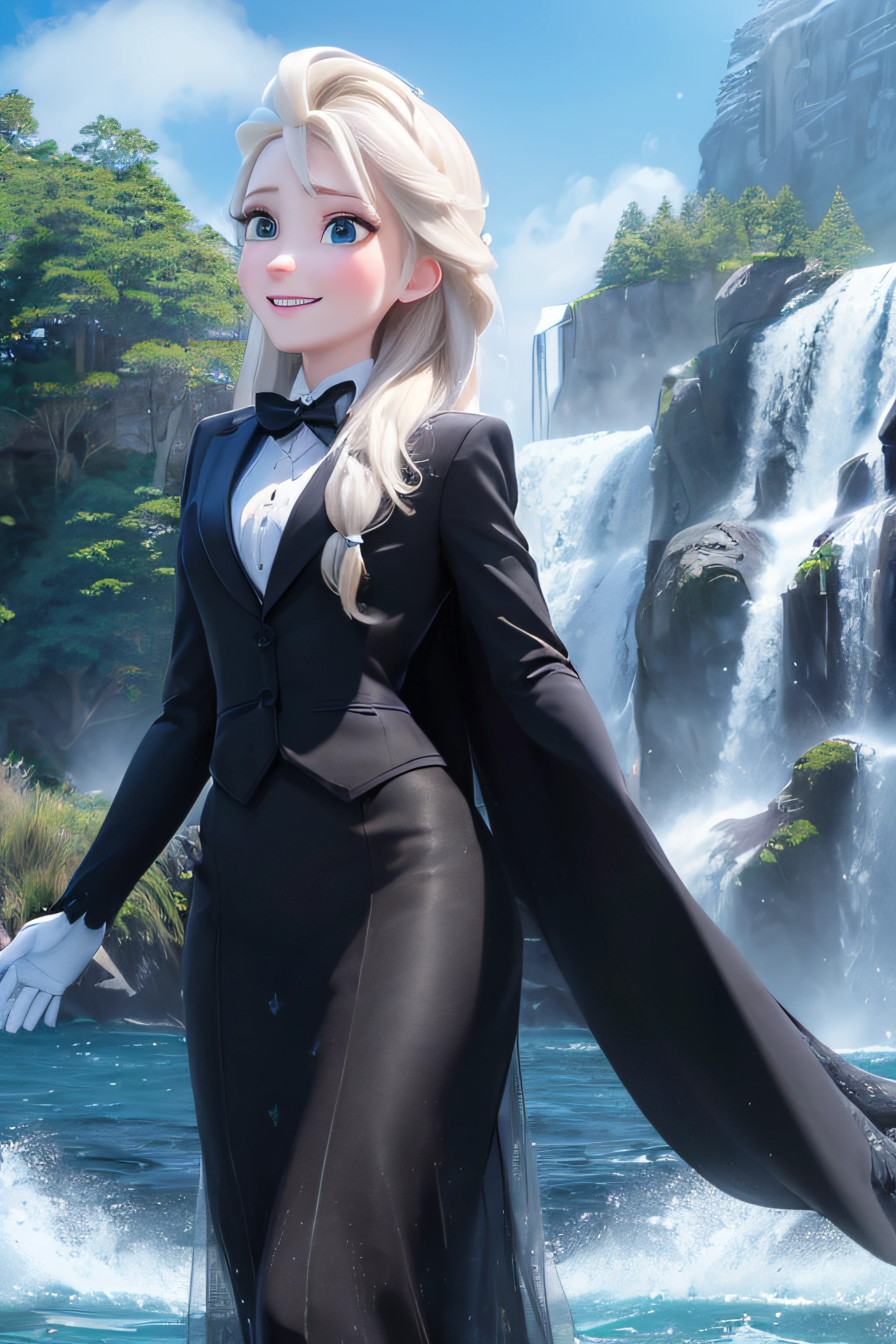 (masterpiece:1.4), (best qualit:1.4), (high resolution:1.4), elsa of arendelle, long hair, black skirt suit, tuxedo, black blazer, dinner jacket, black bowtie, miniskirt, cummerbund, white gloves, pocket square, outdoors, (ocean, shore, waterfall, authumn:1.3), smile,