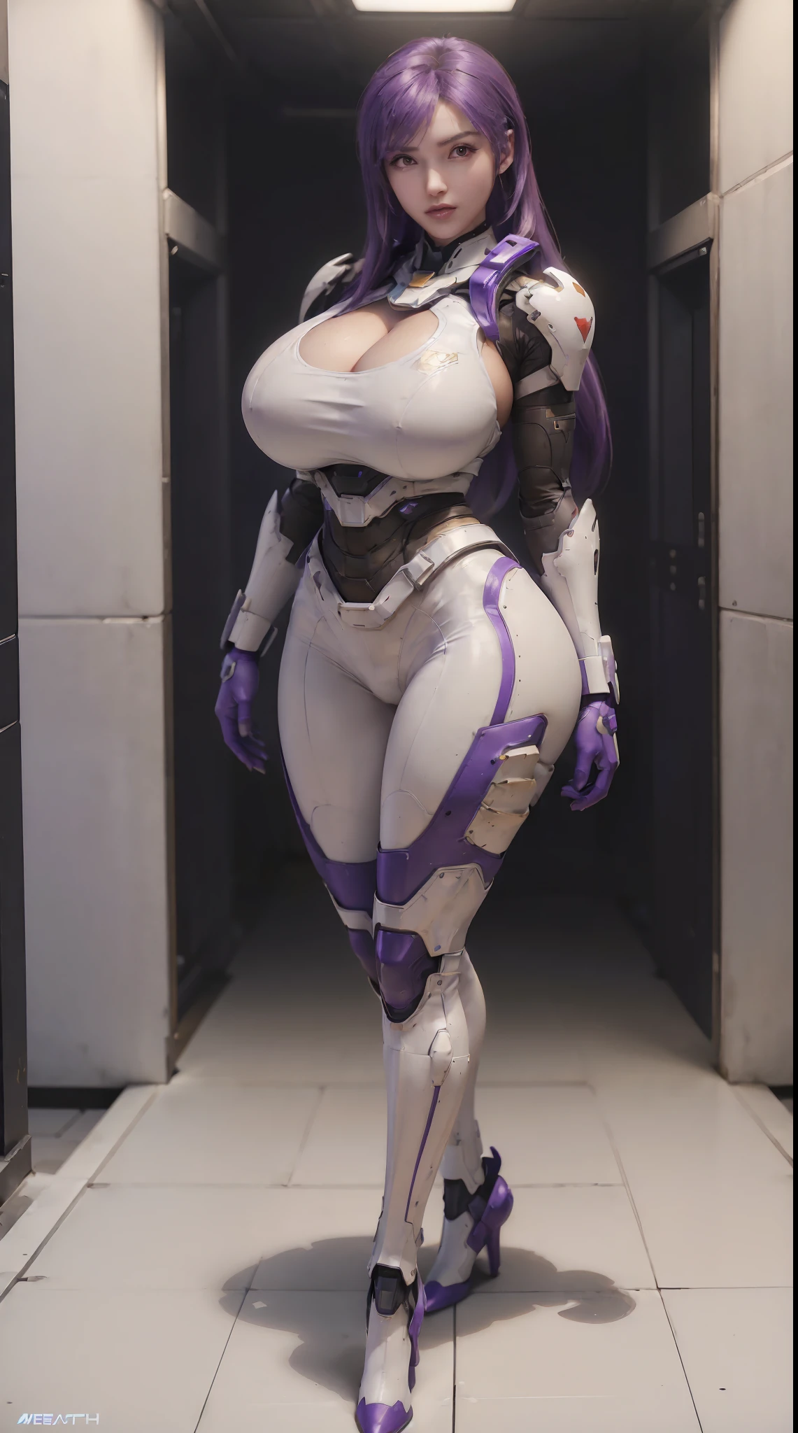 (1GIRL,SOLO:2), (super detailed face), ((white long hair)), ((BIG BUTTOCKS, HUGE FAKE BREASTS:1.5)), (CLEAVAGE TOP:1.5), (11 LINE ABS FEMALE:1.4), (MECHA GUARD ARM:1.4), ((WEAR PURPLE WHITE MECHA OVERWATCH ARMOR SUIT CROP TOP, BLACK MECHA SKINTIGHT SUIT PANTS, MECHA GUARD ARMOR LEGS, HIGH HEELS:1.5)), (LEWD VOLUPTUOUS BODY:1.3), (GLOWING SKIN:0.8), (LONG LEGS, FULL BODY:1.1), (LOOKING AT VIEWER:1.3), (female focus:0.886), (WALKING DOWN HALLWAY OF FUTURISTIC SPACE STATION:1), (BRIGHT LIGHT WHITEROOM:1.3), SUPER TEXTURE, UNREAL ENGINE RENDER, PHYSICALLY-BASED RENDERING, ULTRA HIGHT DEFINITION, 16K, 1080P.
