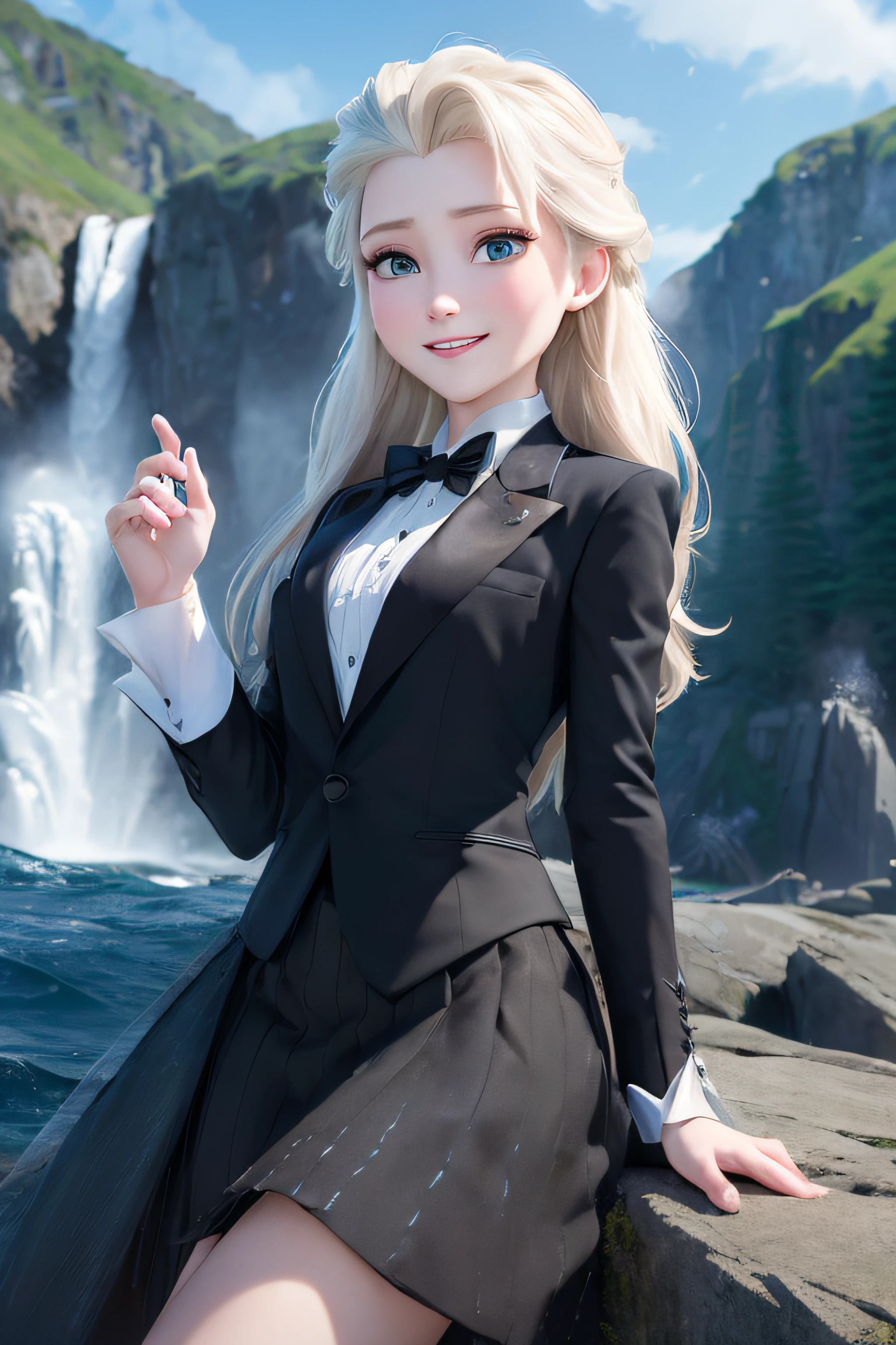 (masterpiece:1.4), (best qualit:1.4), (high resolution:1.4), elsa of arendelle, long hair, black skirt suit, tuxedo, black blazer, dinner jacket, black bowtie, miniskirt, cummerbund, white gloves, pocket square, outdoors, (ocean, shore, waterfall, authumn:1.3), smile,