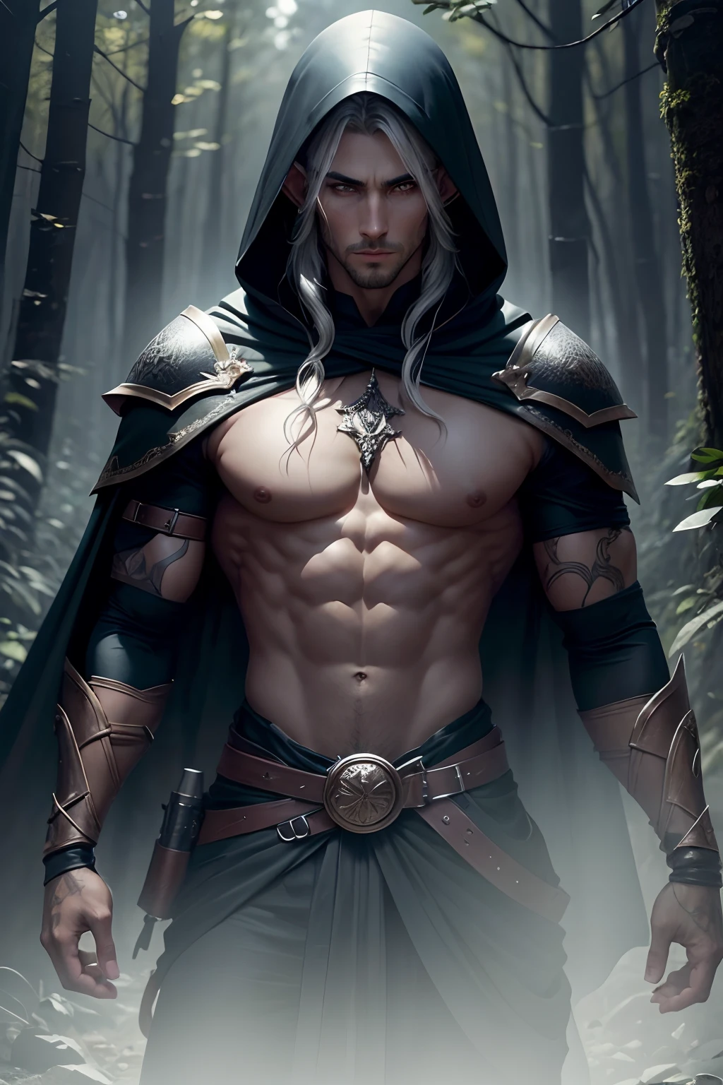 A male elf from the elven forest. Nascido da floresta. With boots that don't make a sound. Black leather armor and hooded cape to become invisible. Cabelo preto comprido com design robusto. Os olhos amarelos pareciam gritar como um lobo. Facial feature would be manly, but fine elven, His gaze would be intense and serious. ready for action at any time, Ladino. usando um capuz preto, duas adagas na cintura. na floresta escura, luz escura, masculino. noite, masculino, roupas pretas de assassino
