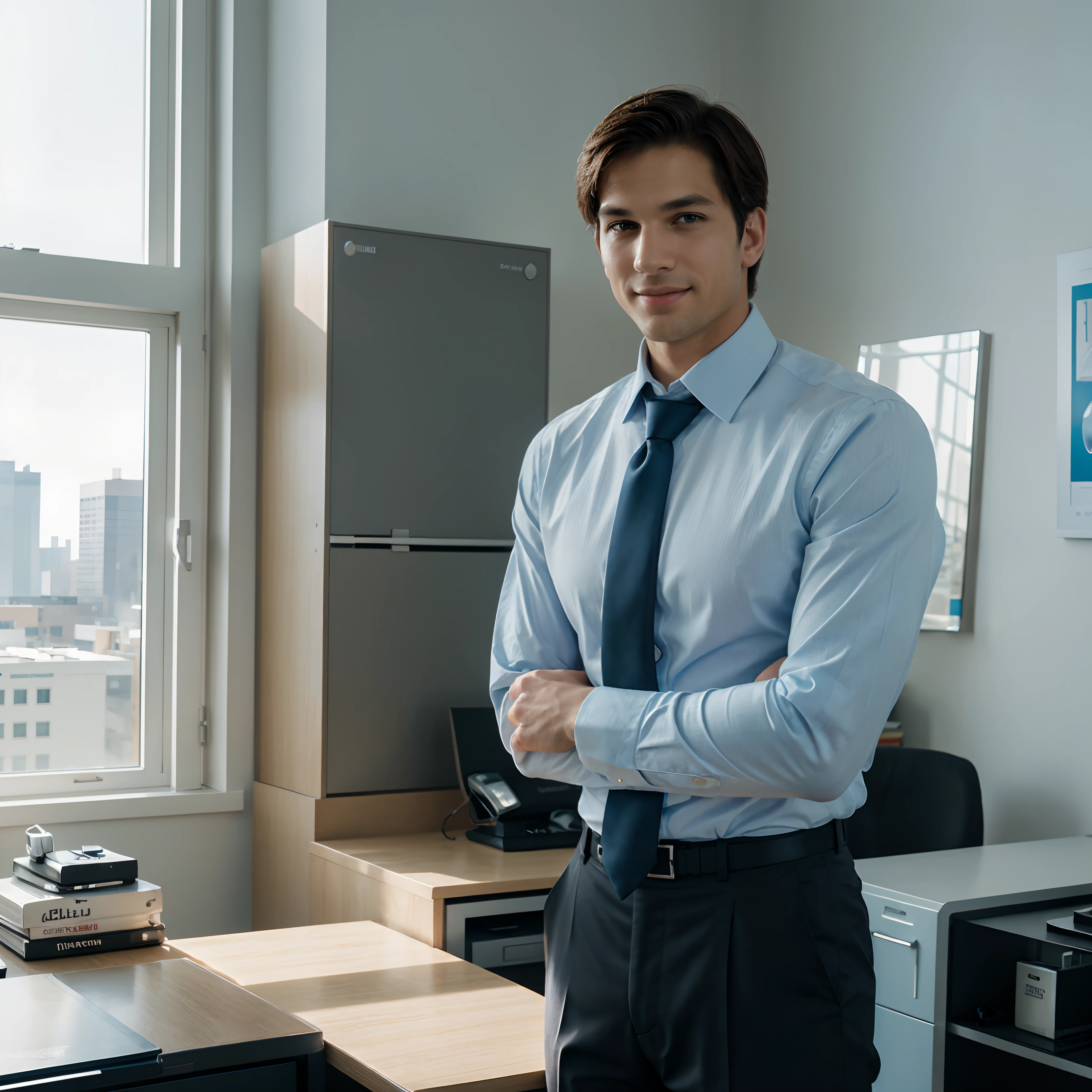 smiling man in white shirt and blue tie standing with arms crossed, handsome and attractive, professional profile photo, elegant confident pose, wearing a light blue shirt, elegant smiling pose, wearing a shirt with a tie, young handsome man, handsome male, handsome man, no beard, type like Ashton Kutcher, short hair, professional profile picture, smiling male, attractive man, confident action pose, handsome young man,around 30 years old, standing in modern office, some desks behind him, great windows, blurred background, photorealistic photo, masterpiece, realistic, realism, photorealism, texture 8K, highly detailed, Realstic, soft cinematic light, Hdr, Mise au point nette, tmasterpiece, FotorRealstic, award-winning photograph, Canon EOS R5, 35 mm
