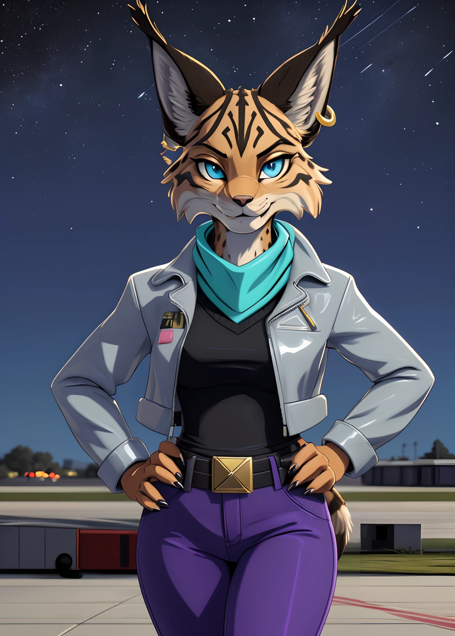 [MiyuCzar], [Starfox 2], [Uploaded to e621.net; (mayosplash), (Pixelsketcher), (fluffkevlar)], ((masterpiece)), ((HD)), ((high quality)), ((solo portrait)) ((front view)), ((furry; anthro lynx)), ((detailed fur)), ((detailed shading)), ((beautiful render art)), ((cel shading)), {(female anthro lynx), (slim figure), (brown fur black stripes, black nose, (long pointed lynx ears), (gold earring on LEFT ear), (dark blue eyes), (half-closed eyes), (indigo eyeshadow), (gorgeous hips), (black claws), (smug grin)}, {(silver leather jacket), (turquoise scarf), (red sweater), (tight purple pants), (utility belt with gold triangle belt buckle), (grey combat boots)}, {(standing on concrete), (hand on head)}, [background; (air force base), (jet runway), (starry sky), (full moon)]