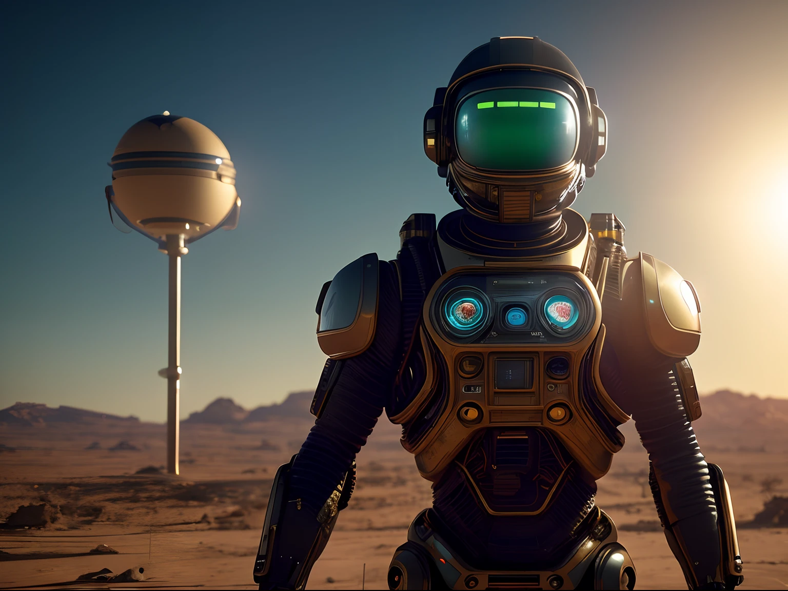 (masterpiece) A cyborg astronaut with luminous eyes stands tall in an alien desert, gazing towards the horizon as the sun rises behind. Close-up of their determined expression, octane render, unreal engine 5, cinematic, capture scene with a lomo Fujifilm XT-4, in the style of Raphael Lacoste