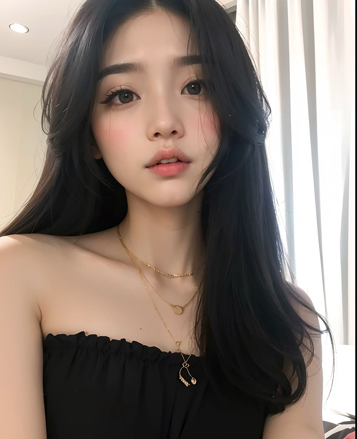 um close up de uma mulher com longos cabelos pretos usando um vestido preto, Ulzzang, coreana, Mulher sul-coreana bonita, linda mulher coreana jovem, mulher coreana jovem bonita, young adorable korean face, Beautiful Asian girl, wan adorable korean face, cruel korean goth girl, young cute wan asian face, korean face features, Jinyoung Canela, beautiful aesthetic face, Mulher coreana