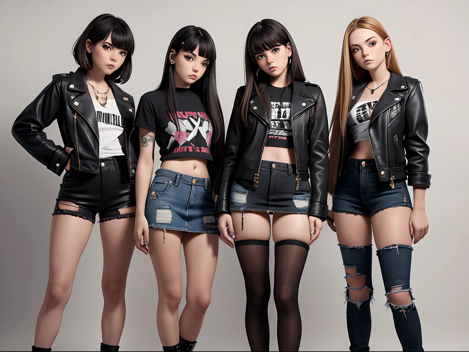 punk band, (((three girls))), one drummer, one guitarist, one bassist, ripped jeans, miniskirts,