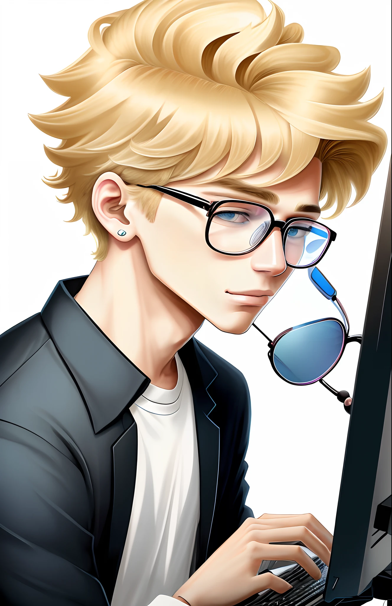 Blonde boy with glasses, Cartoon, com computador