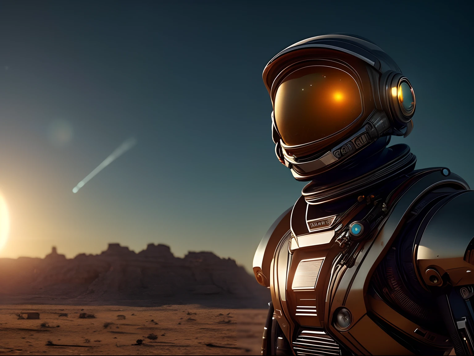 (masterpiece) A cyborg astronaut with luminous eyes stands tall in an alien desert, gazing towards the horizon as the sun rises behind. Close-up of their determined expression, octane render, unreal engine 5, cinematic, capture scene with a lomo Fujifilm XT-4, in the style of Raphael Lacoste