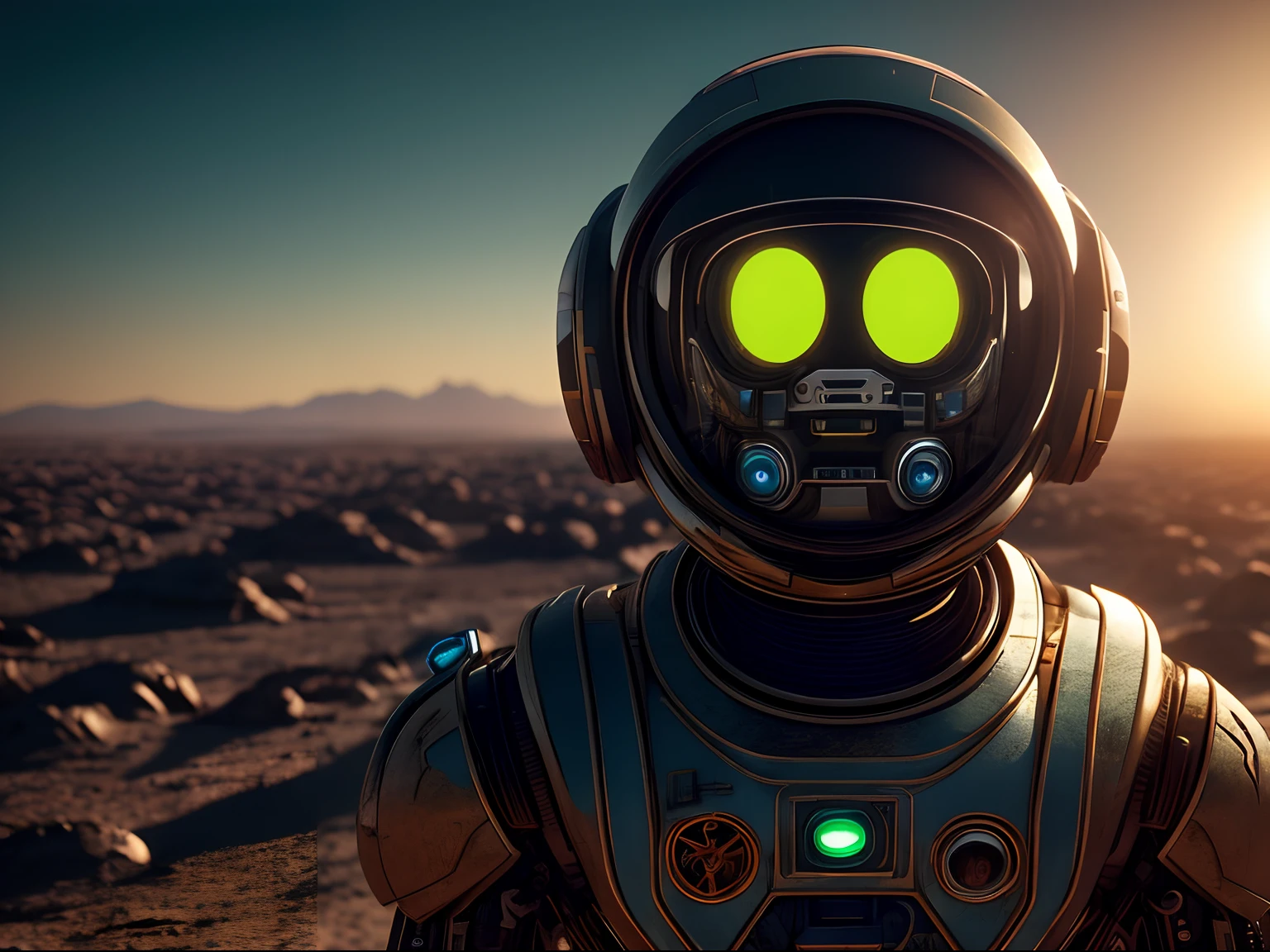 (masterpiece) A cyborg astronaut with luminous eyes stands tall in an alien desert, gazing towards the horizon as the sun rises behind. Close-up of their determined expression, octane render, unreal engine 5, cinematic, capture scene with a lomo Fujifilm XT-4, in the style of Raphael Lacoste