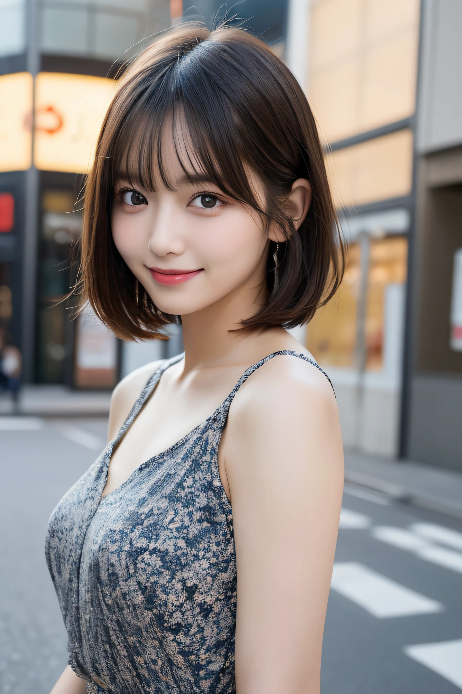 table top, highest quality, figure, super detailed, finely, High resolution, 8k wallpaper, 完璧なダイナミックな構figure, detailed and beautiful eyes, dress,medium hair, middle of chest, natural color lip, random sexy poses,smile,Aoyama Street Walk、20 year old girl　short hair　profile