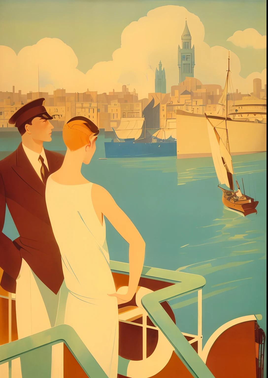 There's a man and a woman standing on a boat looking at a city, cartaz de viagem, Directed by: Edward Wadsworth, angus mcbride, Cartaz Art Deco, Directed by: John Wonnacott, Directed by: John Nicolson, art deco illustration, Laurent Durieux, Directed by: Robert Freebairn, Directed by: Norman Saunders, Directed by: Wilson Irvine, Directed by: Pruett Carter, Directed by: Raymond Coxon