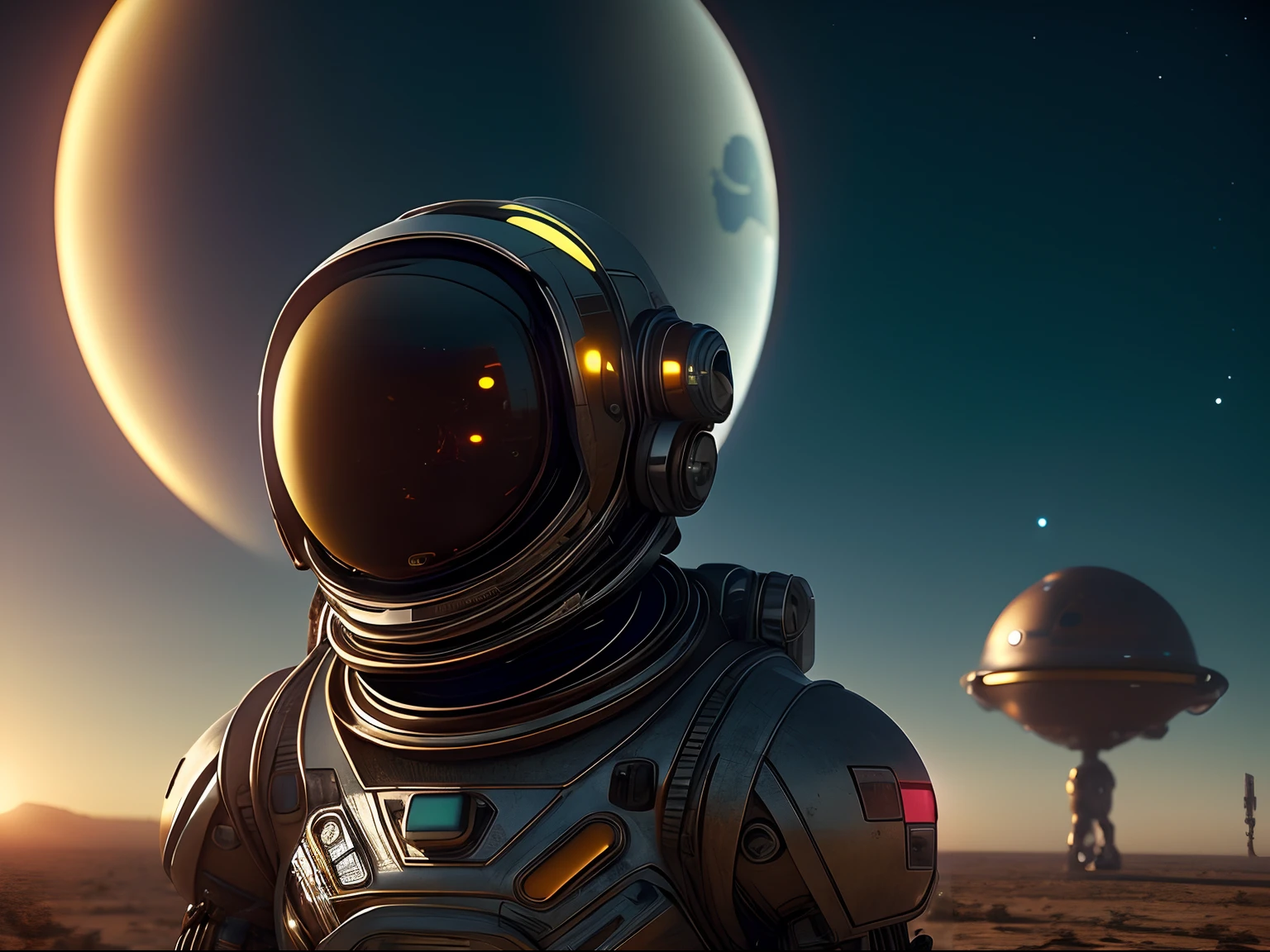 (masterpiece) A cyborg astronaut with luminous eyes stands tall in an alien desert, gazing towards the horizon as the sun rises behind. Close-up of their determined expression, octane render, unreal engine 5, cinematic, capture scene with a lomo Fujifilm XT-4, in the style of Raphael Lacoste