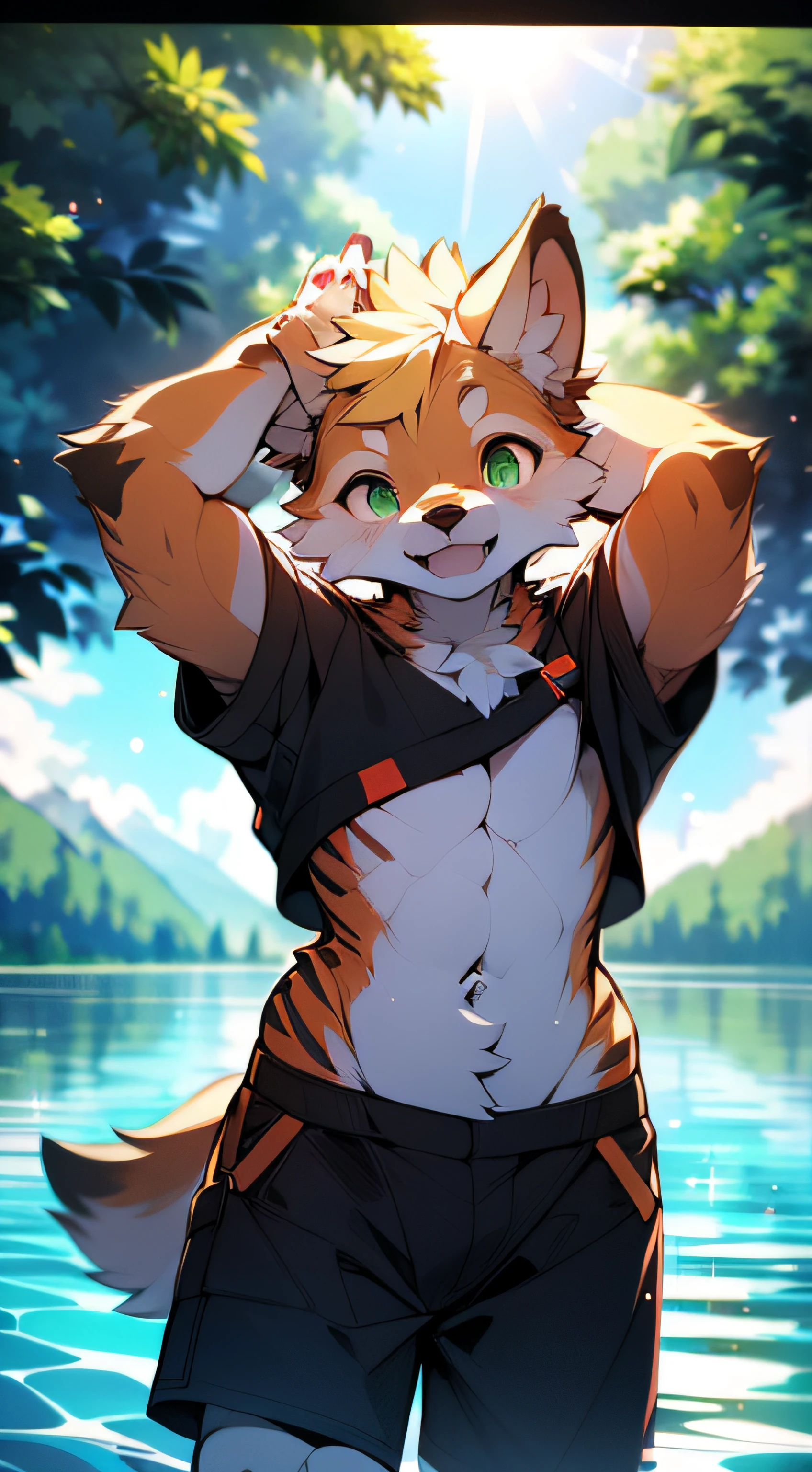 shaggy,coyote,tiny ears,Large areas of black hair and small areas of yellow hair,(juvenile sense:1.5),Full pectoral muscles,Slightly exposed abs,Youth body type,Hefty Smile,(Toothy smile:1.2),Shining eyes,Yellow-green eyes,Handsome face,The five features are distinct,Separate hands and legs,Clear hands and feet,4 fingers,3 toes,2 ears
Natural style,do lado de fora,mountains surrounding,Late afternoon,Orange sunset,The light from the back window is backlighted,(Lake surface:1.5),clear blue skies,reflection on the lake,White clouds,The sun sets on the lake
No shirts,sweat shorts,Fluttering clothes
lively,having fun
(Cinematic lighting), ((Detailed background)), (Heads-up:1.5),(symetrical composition:1.5),(Seductive),(half body shadow),Delicate muscle lines,(erection under clothes:0.5),(Animal:0.5),(Tip:0.5),(Leakage method:0.5).
ultra - detailed,Colored digital line art,Photorealistic,(Flat color:1.2),thick outline,(limited palette:1.1),Game CG,(Photorealistic:1.2),(Masterpiece,Best quality,Great,Highly detailed CG unity 8k wallpaper,Super fine illustration:1.2),extremely detaile,voluminetric lighting,Best shadows,(Depth of field,Particles of Light,Cinematic lighting:1.1),wind lift,speed-line,offcial art.
vivd colour,High contrast,Photography ,(Realistic:1.2),(hi,It's nothing,absurd res:1.2),Perfect anatomy,Anatomically correct,Detailed,Detailed face,Detailed eyes,(Realistic fur,Detailed fur:1.25),Detailed background,amazing background.