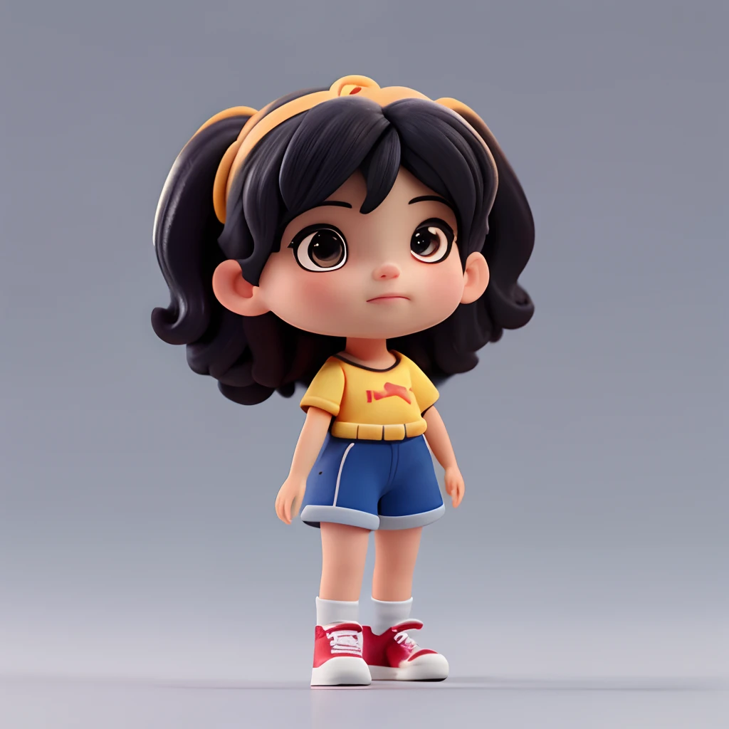 menina bonita pequena de 19 anos, camiseta amarela, wave your hand, huge head, cabelo longo preto, olhos altamente detalhados castanho,frontal, encaixar, full-body view, Highly detailed hands ,figuras de brinquedo,best quality, Desenhos animados 3d,full-body view, fantasia, Sonhos, Surrealismo, super fofo, trending on ArtStation