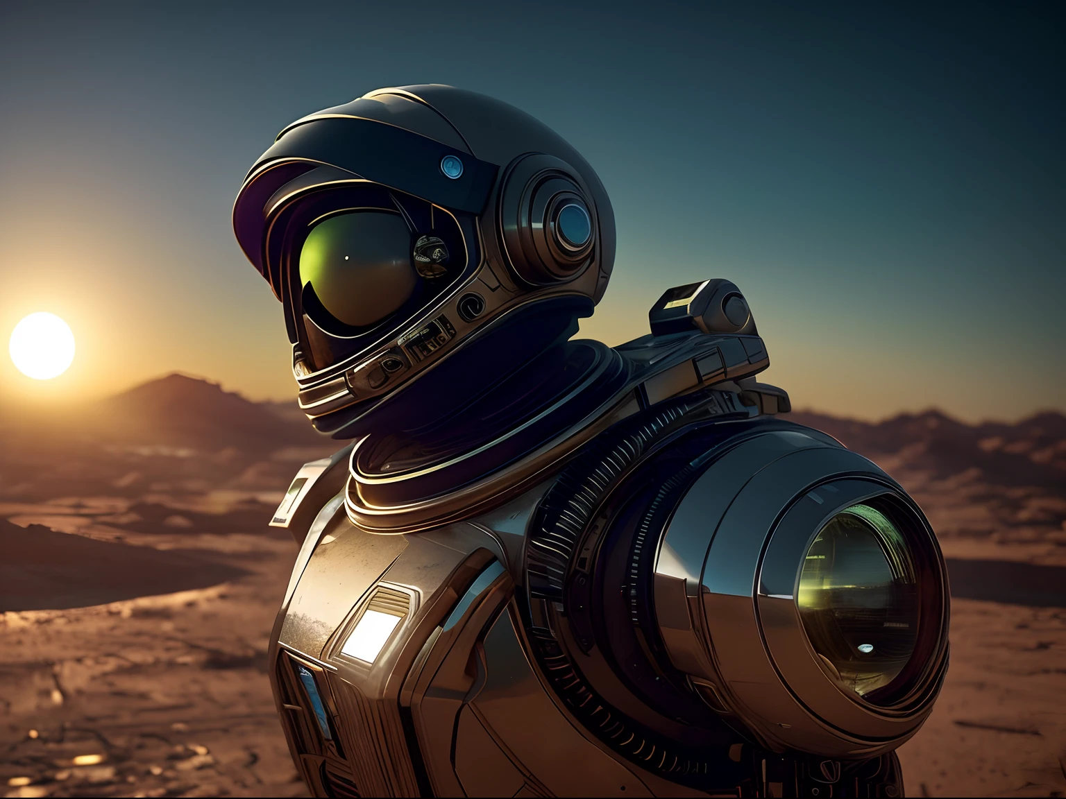 (masterpiece) A cyborg astronaut with luminous eyes stands tall in an alien desert, gazing towards the horizon as the sun rises behind. Close-up of their determined expression, octane render, unreal engine 5, cinematic, capture scene with a lomo Fujifilm XT-4, in the style of Raphael Lacoste