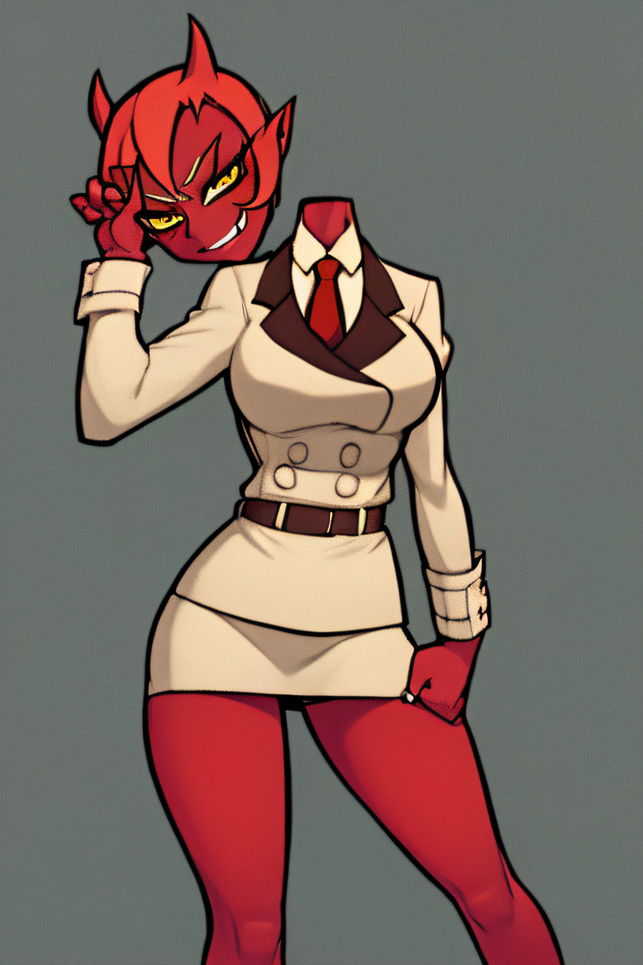 (masterpiece, best quality:1.2), solo, 1girl, psgscanty, (((red skin))), evil smile, looking at viewer, confidence, arrogant, horns, v-shaped eyebrows, jacket, red necktie, skirt, skirt suit, belt, DisembodiedHead,
holding head,
headless,