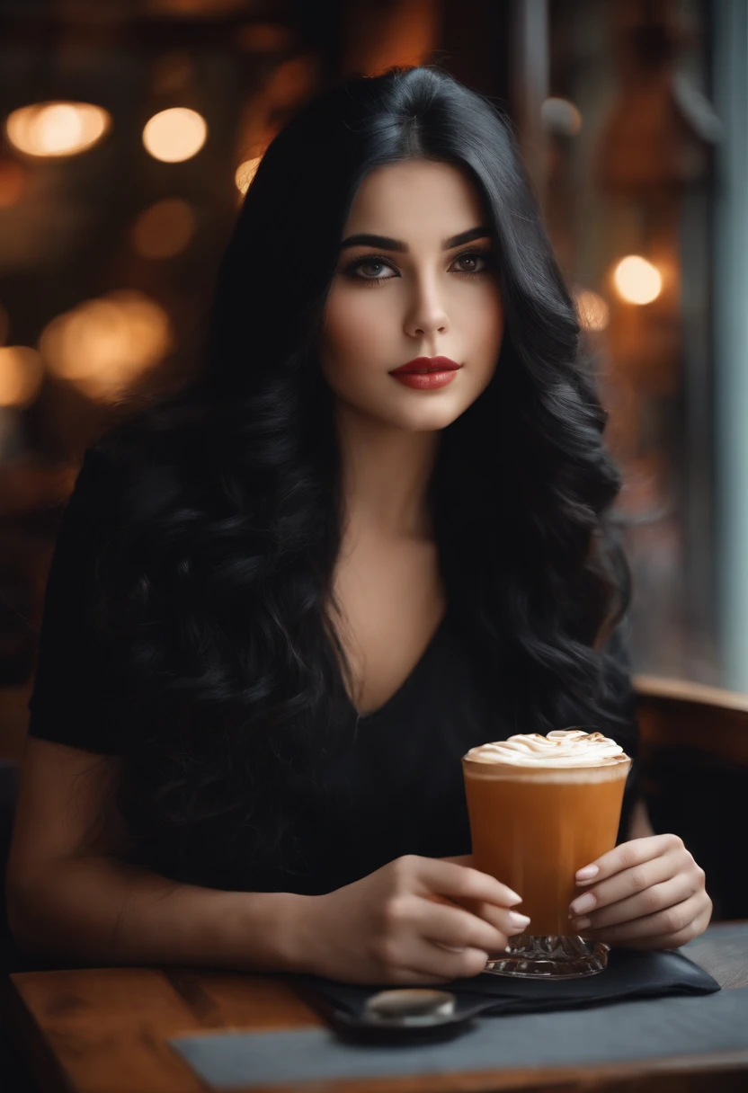 Cute girl in a café with long black hair