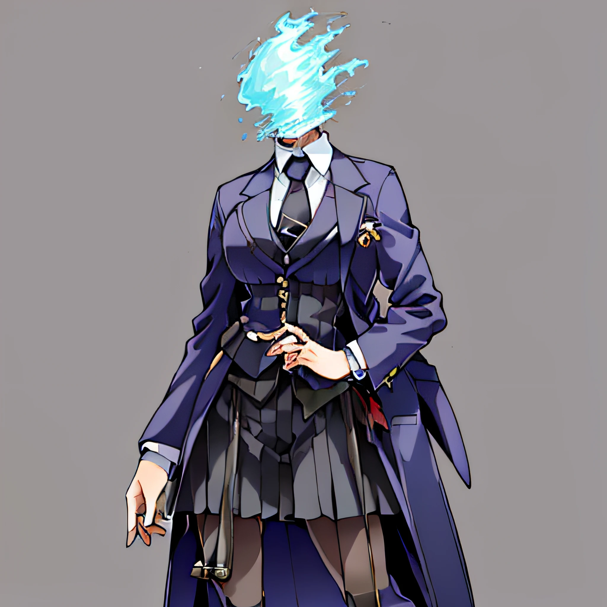 (masterpiece, official art), dullahan, (((navy pinstripe skirt suit))), (((three-piece suit))), (((necktie))), (((dress shirt))), (((blazer))), (((suit jacket))), (((waistcoat))), double-breasted waistcoat, (((bodycon miniskirt))), pencil skirt, tie clip, pocket watch, pocket square, cufflinks,1girl, solo,